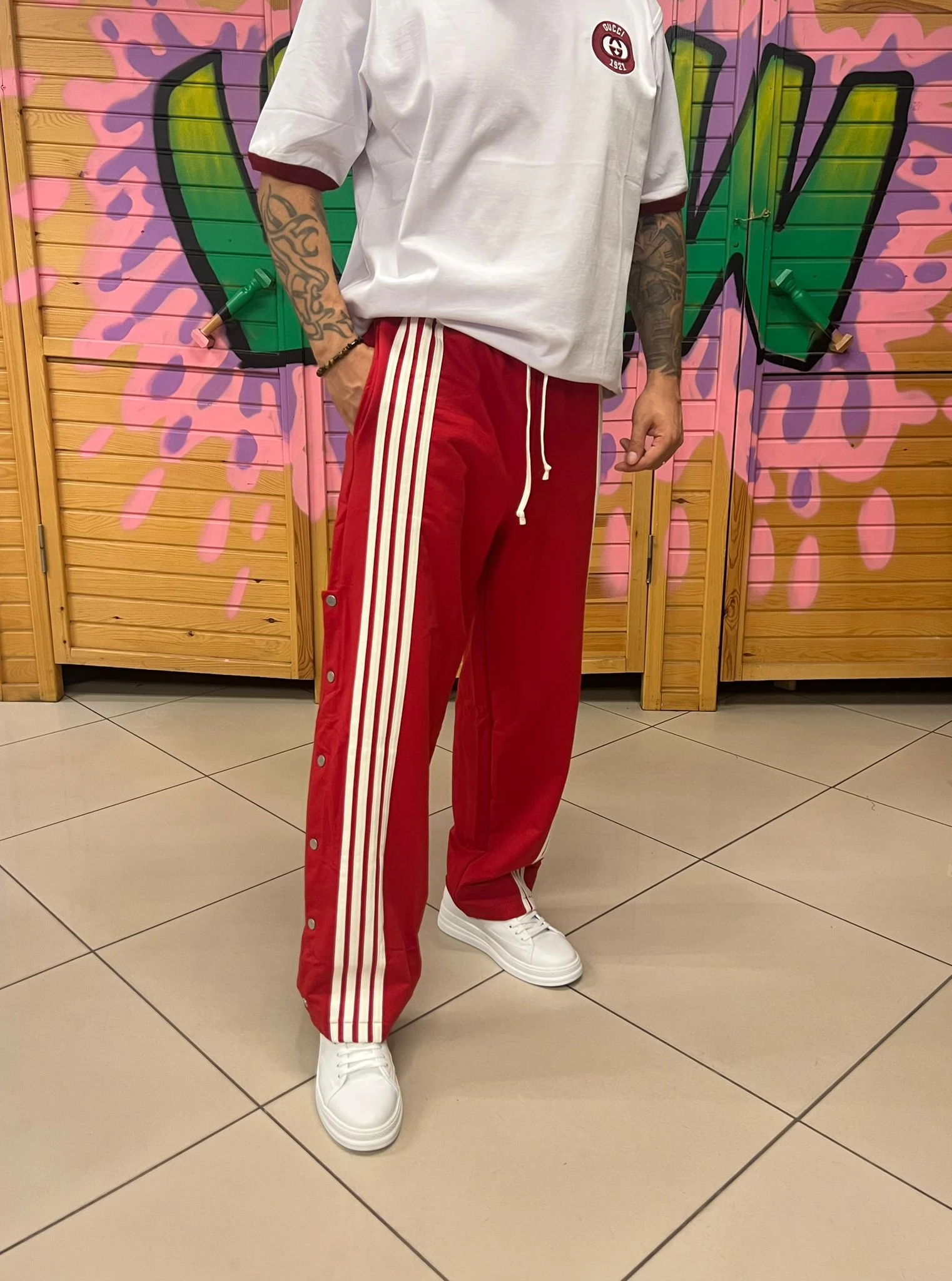 Şeritli Baggy Kalıp Kırmızı Eşofman Altı  