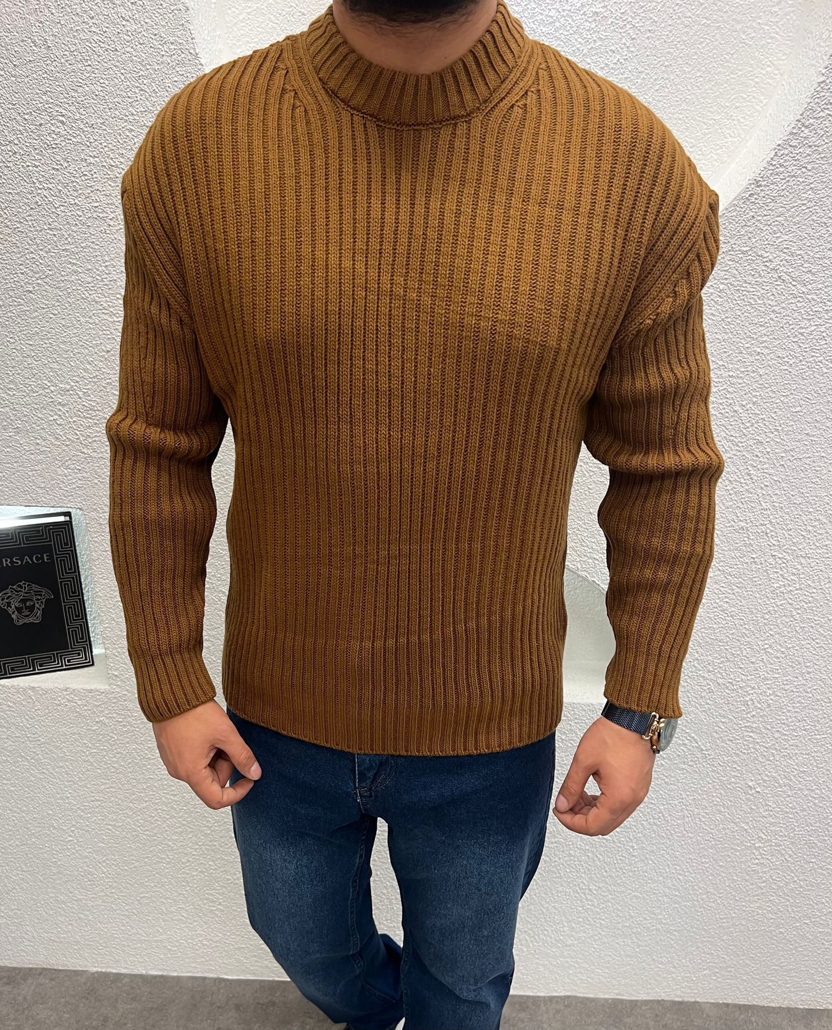 Bisiklet Yaka Kalın Triko Kazak Taba