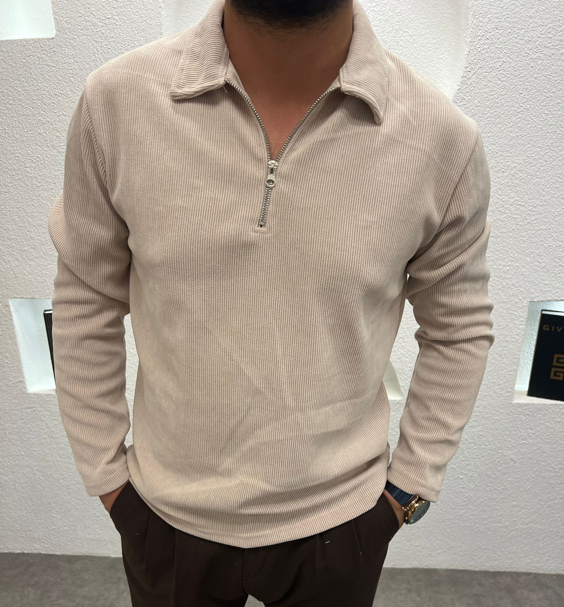 Yarım Fermuar İnce Fİtilli Kadife Kazak Krem