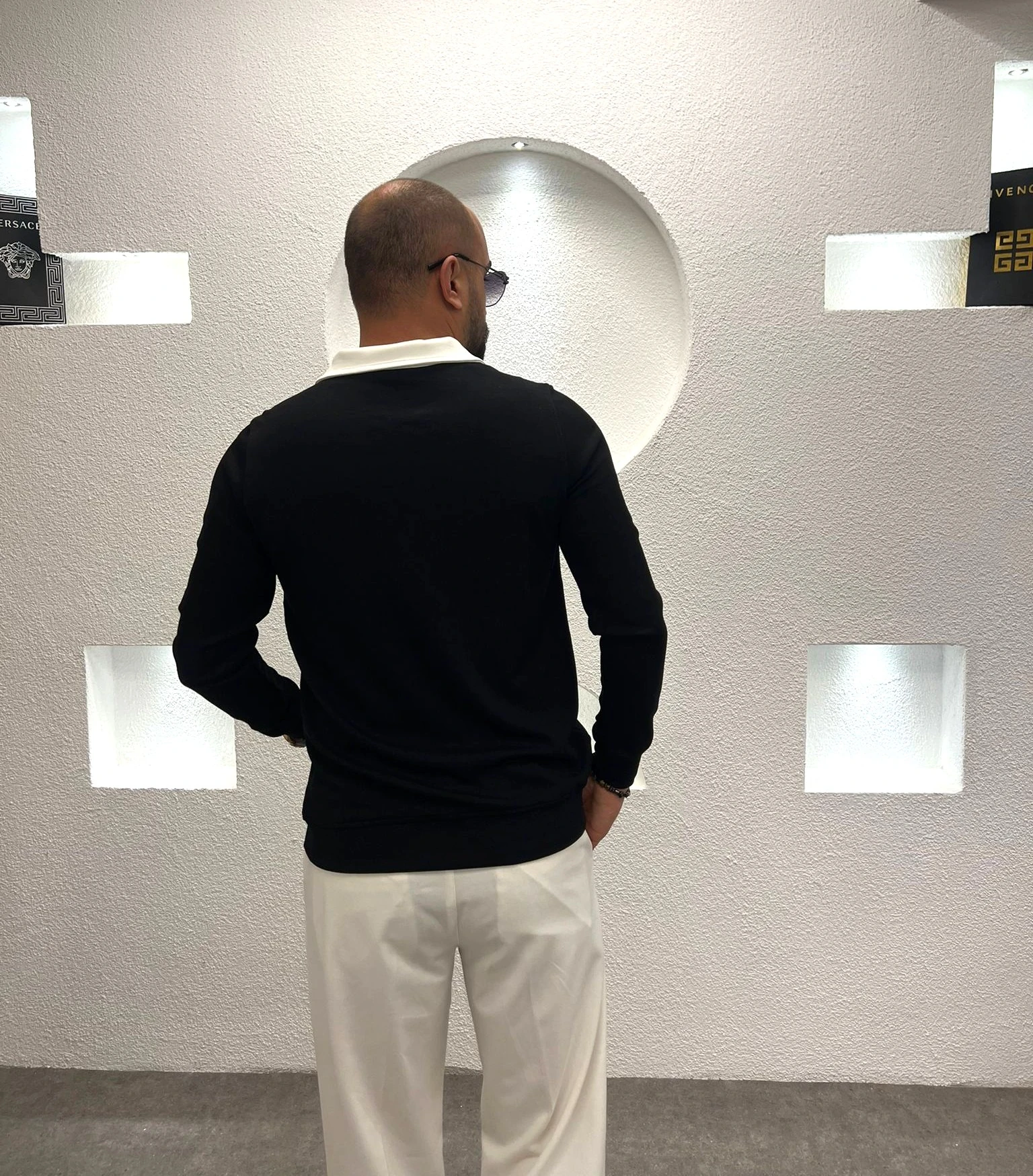 Polo Yaka Fermuarlı Pamuk Sweatshirt - Siyah