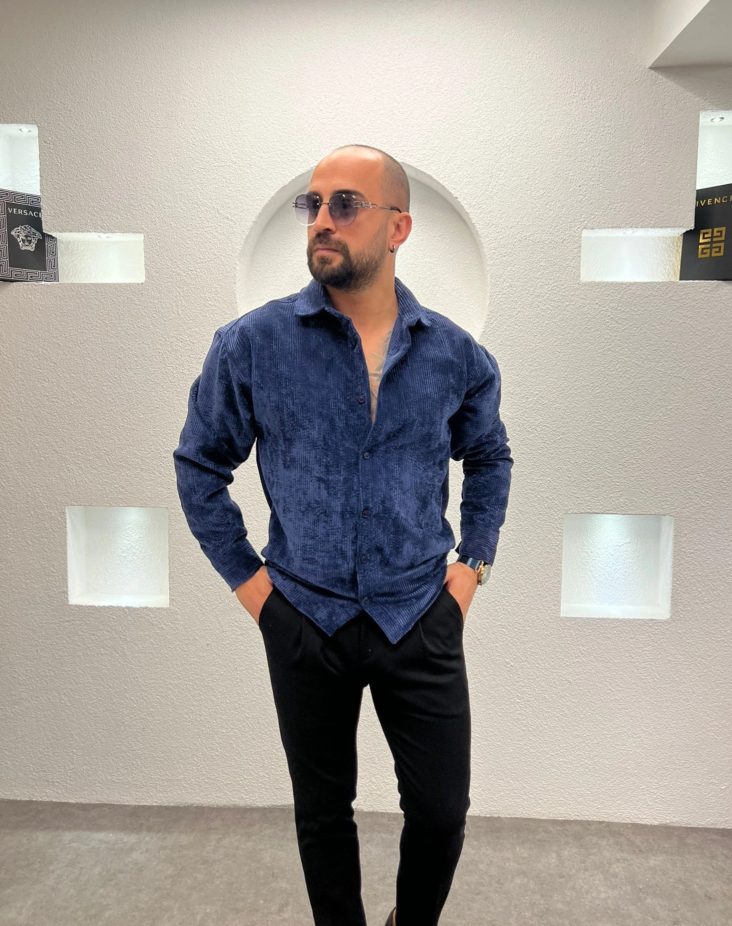 Erkek Oversize Lacivert Kadife Dokulu Uzun Kollu Gömlek 