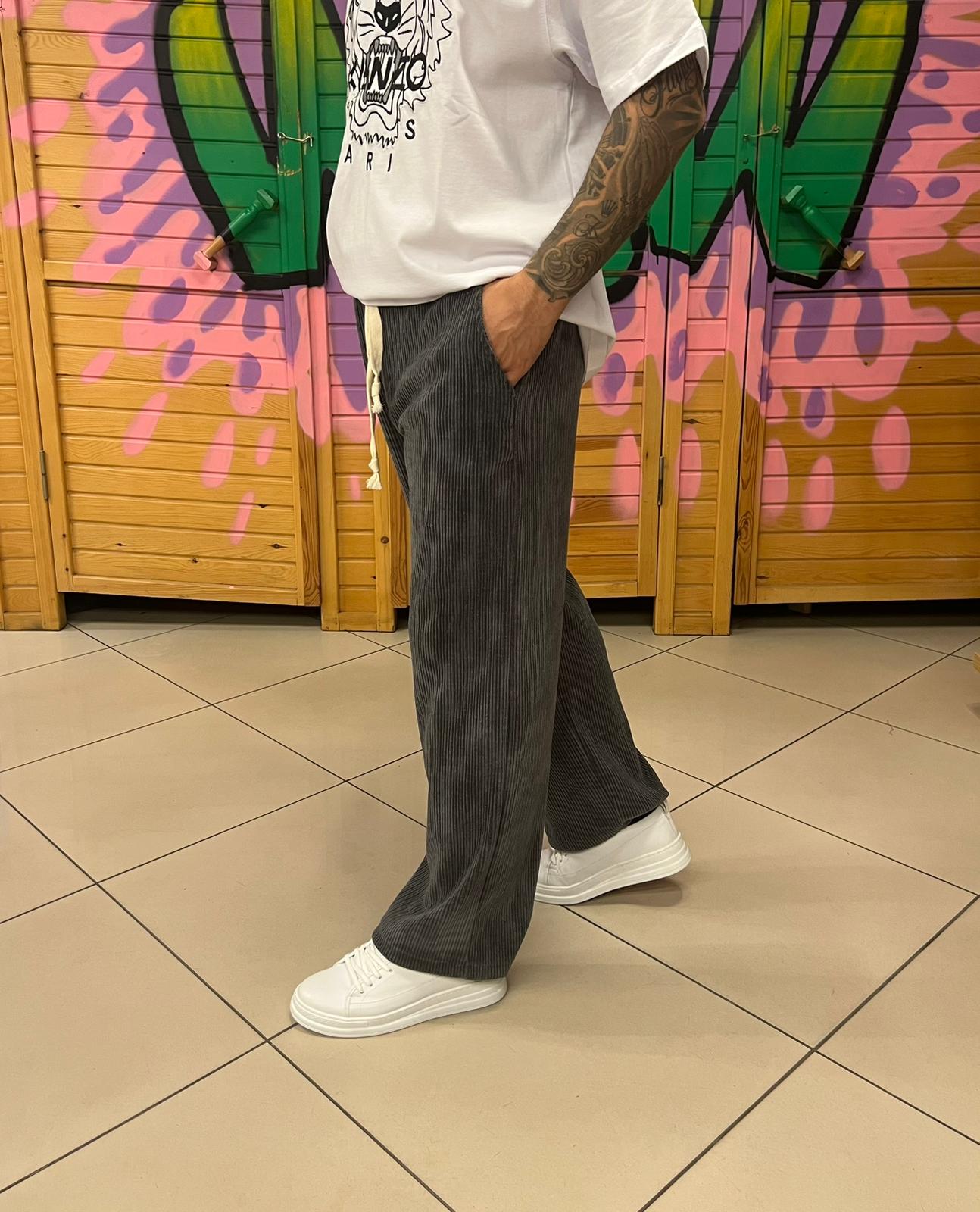 Kadife Kumaş Gri Pantolon Baggy Kalıp