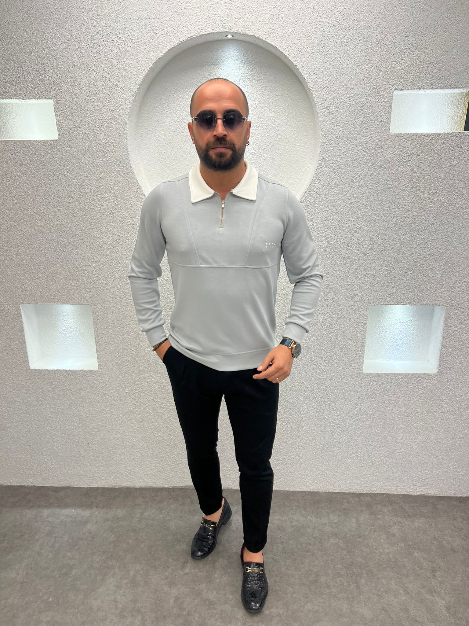 Polo Yaka Fermuarlı Pamuk Sweatshirt  - Gri