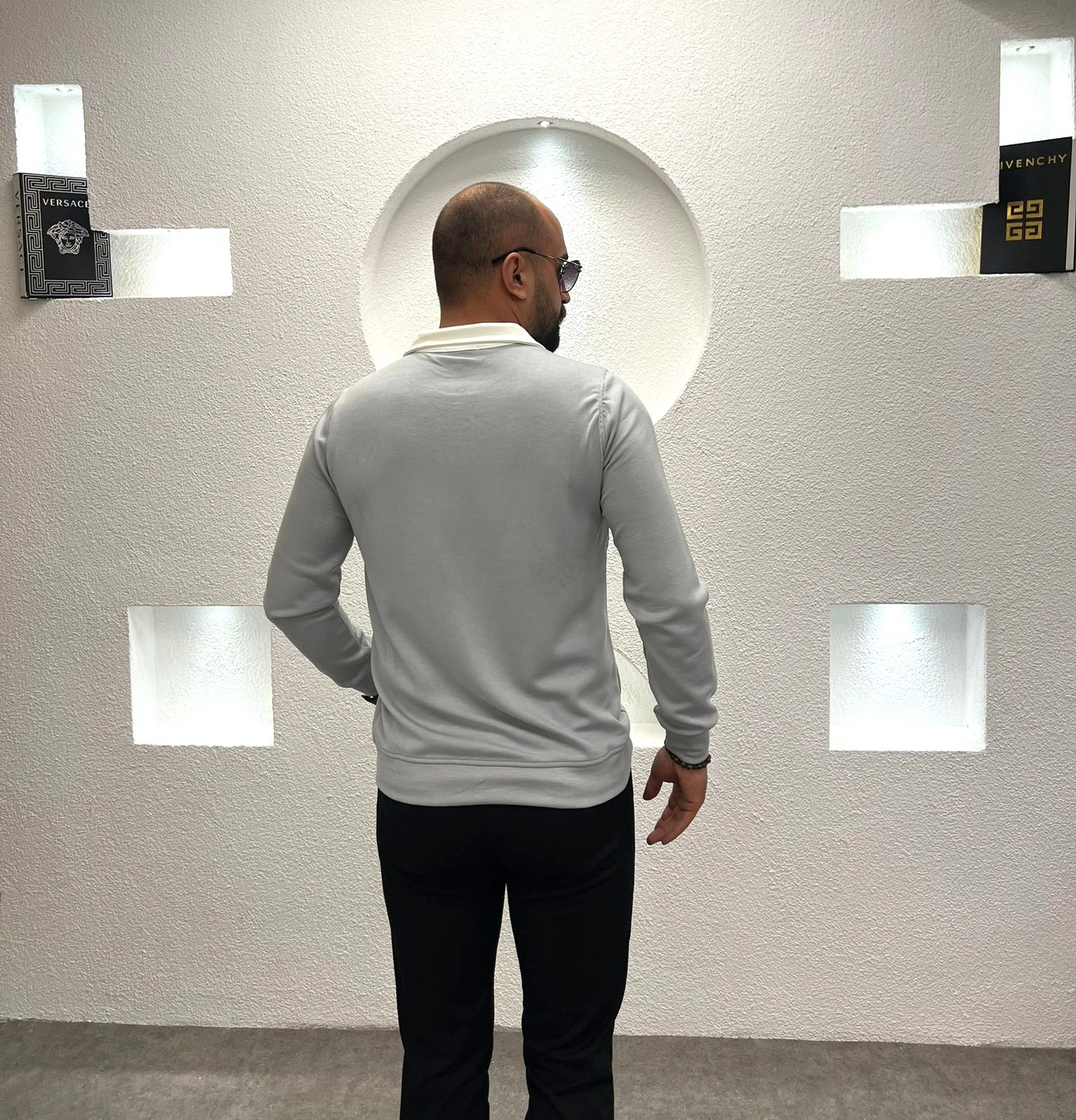 Polo Yaka Fermuarlı Pamuk Sweatshirt  - Gri