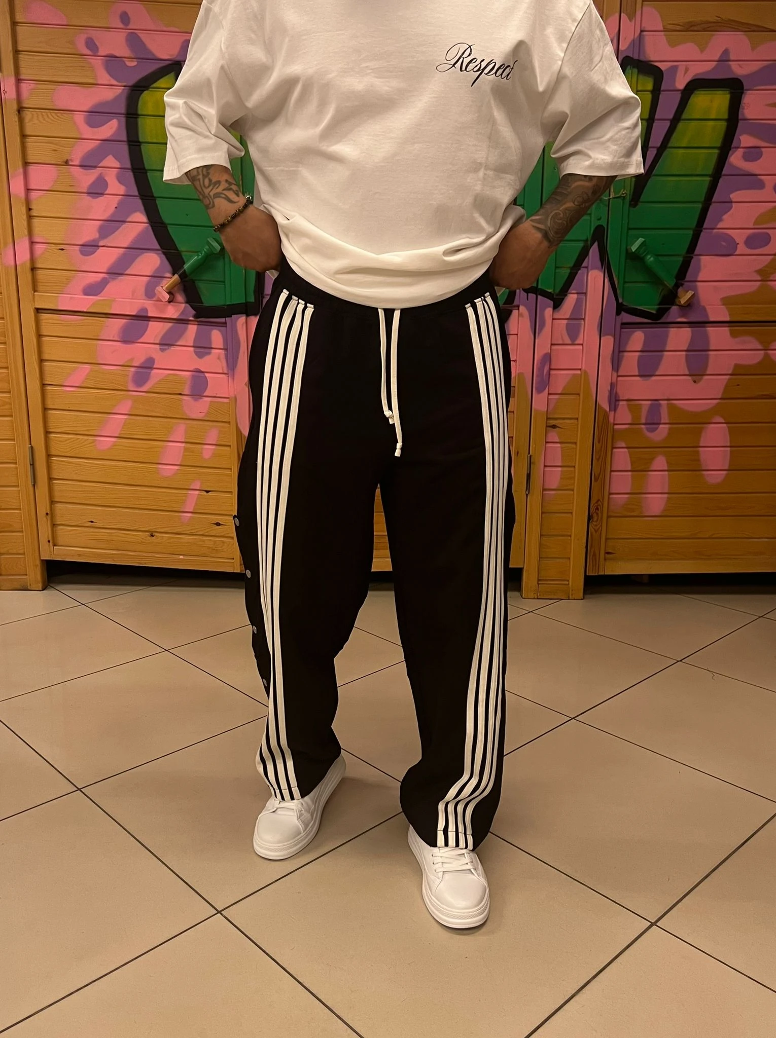 Şeritli Baggy Kalıp Siyah Eşofman Altı