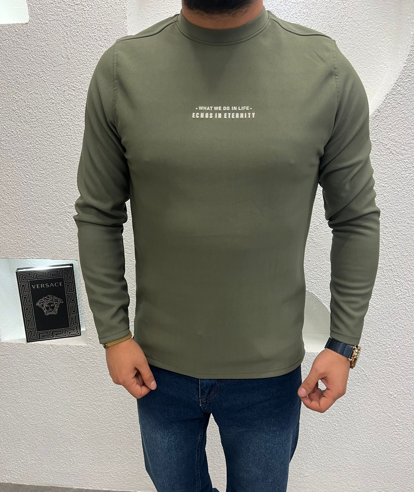 Baskılı Sıfır Yaka Slimfit Sweat Haki 