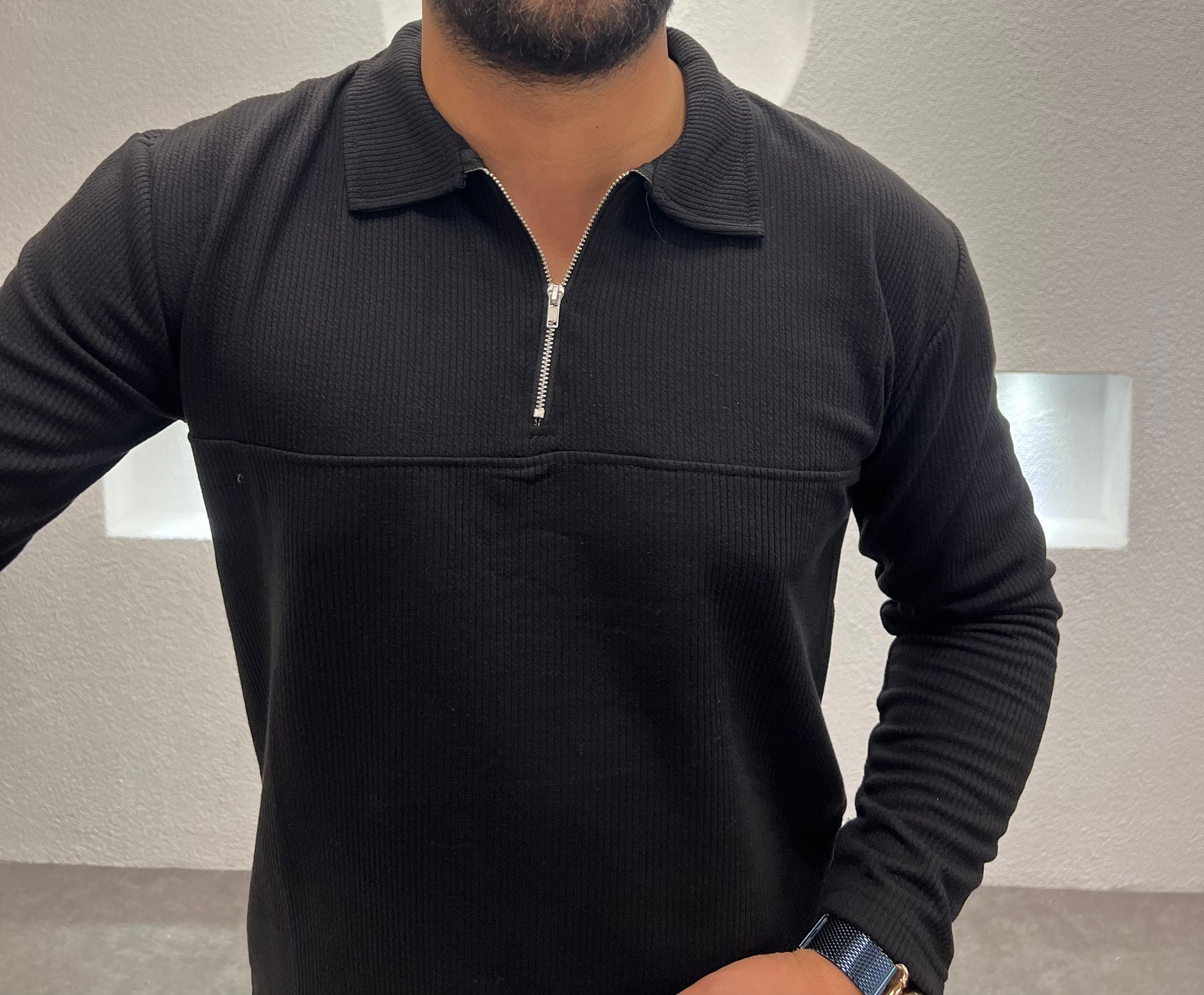 Fit Kalıp Uzun Kol Yarım Fermuarlı ince Likralı Kazak Body - Siyah