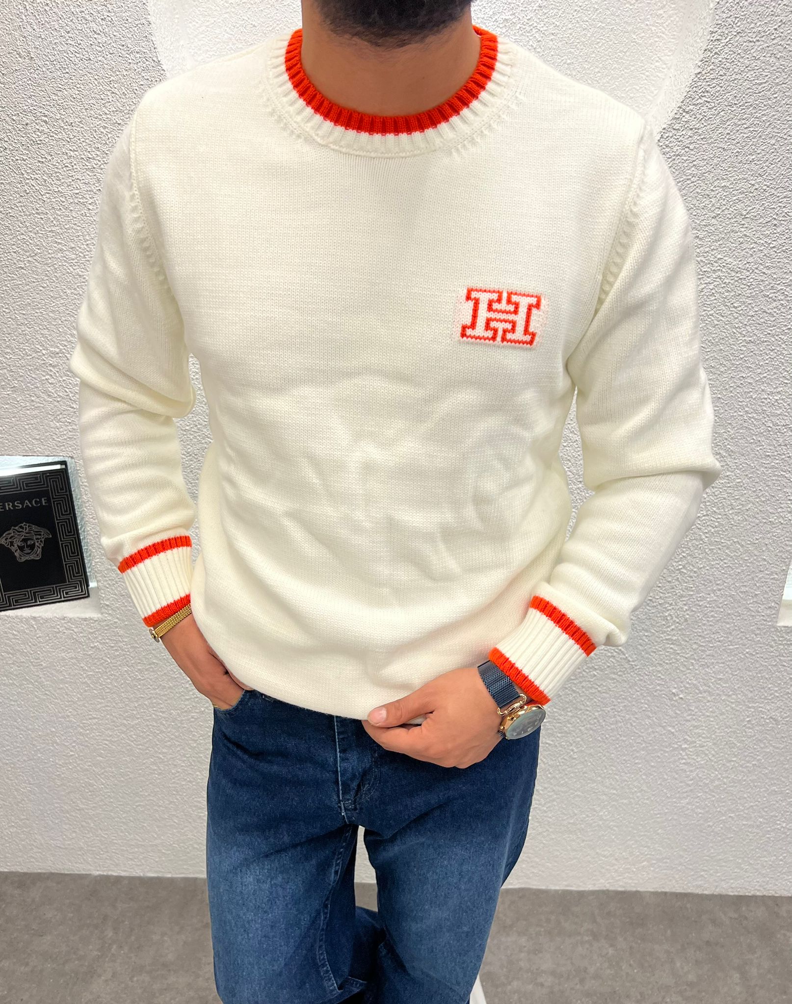 Ön Logo Baskılı Ribanalı Kalın Triko Kazak Beyaz