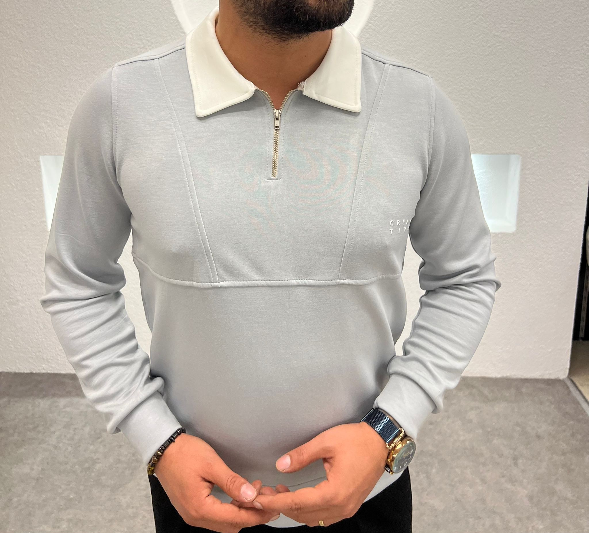 Polo Yaka Fermuarlı Pamuk Sweatshirt  - Gri