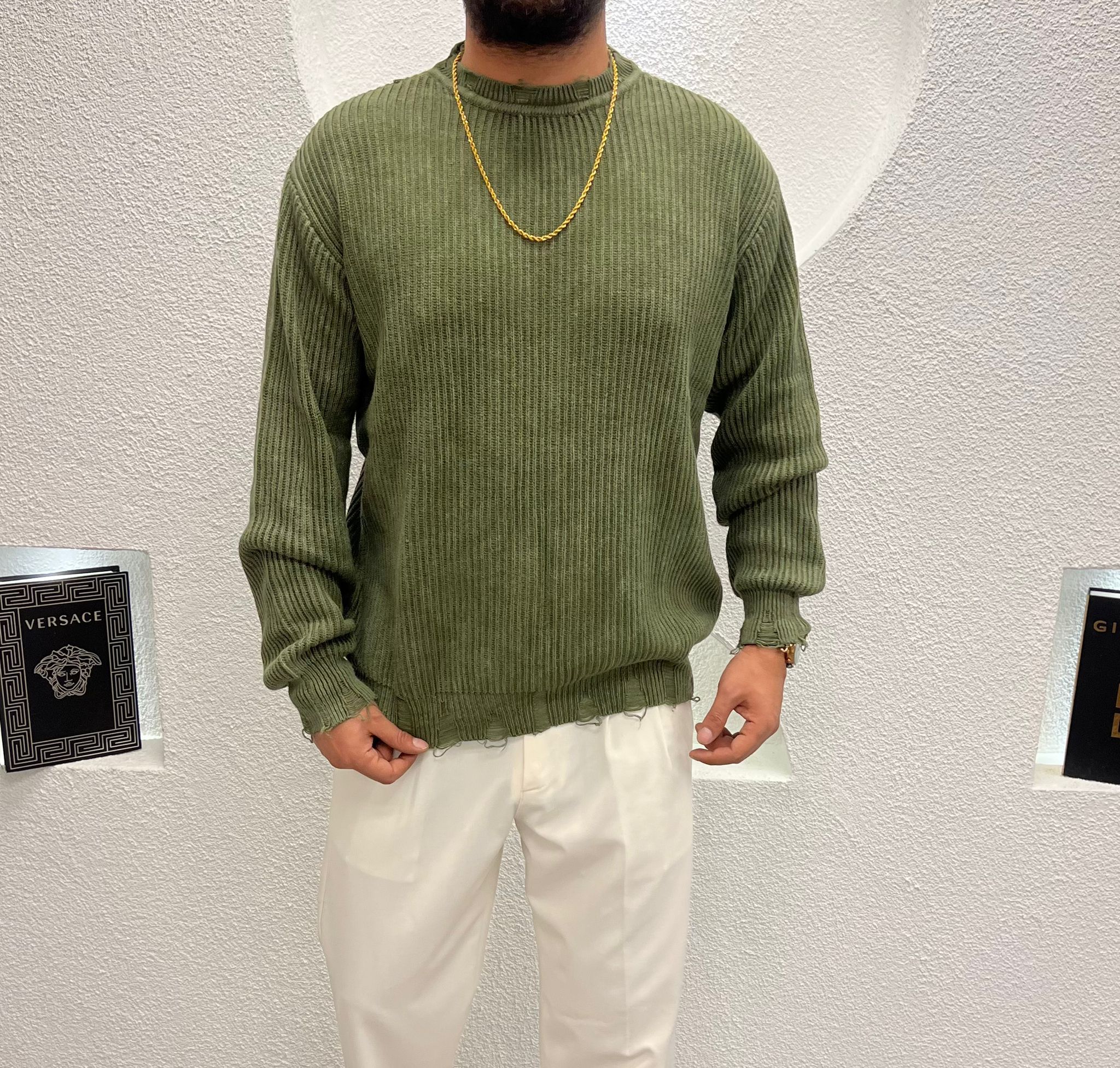 Yıkamalı Lazer Kesim Kalın Triko Kazak Haki