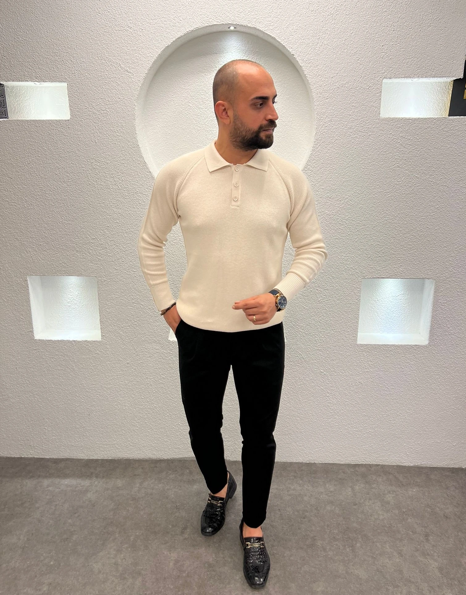 Erkek Regular Fit Düğme Detaylı Pola Yaka Triko Kazak - Krem