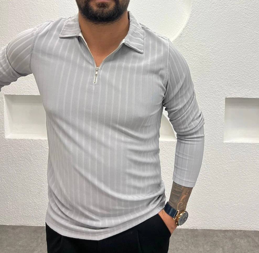 Polo Yaka Fermuarlı Erkek Sweatshirt - GRİ 