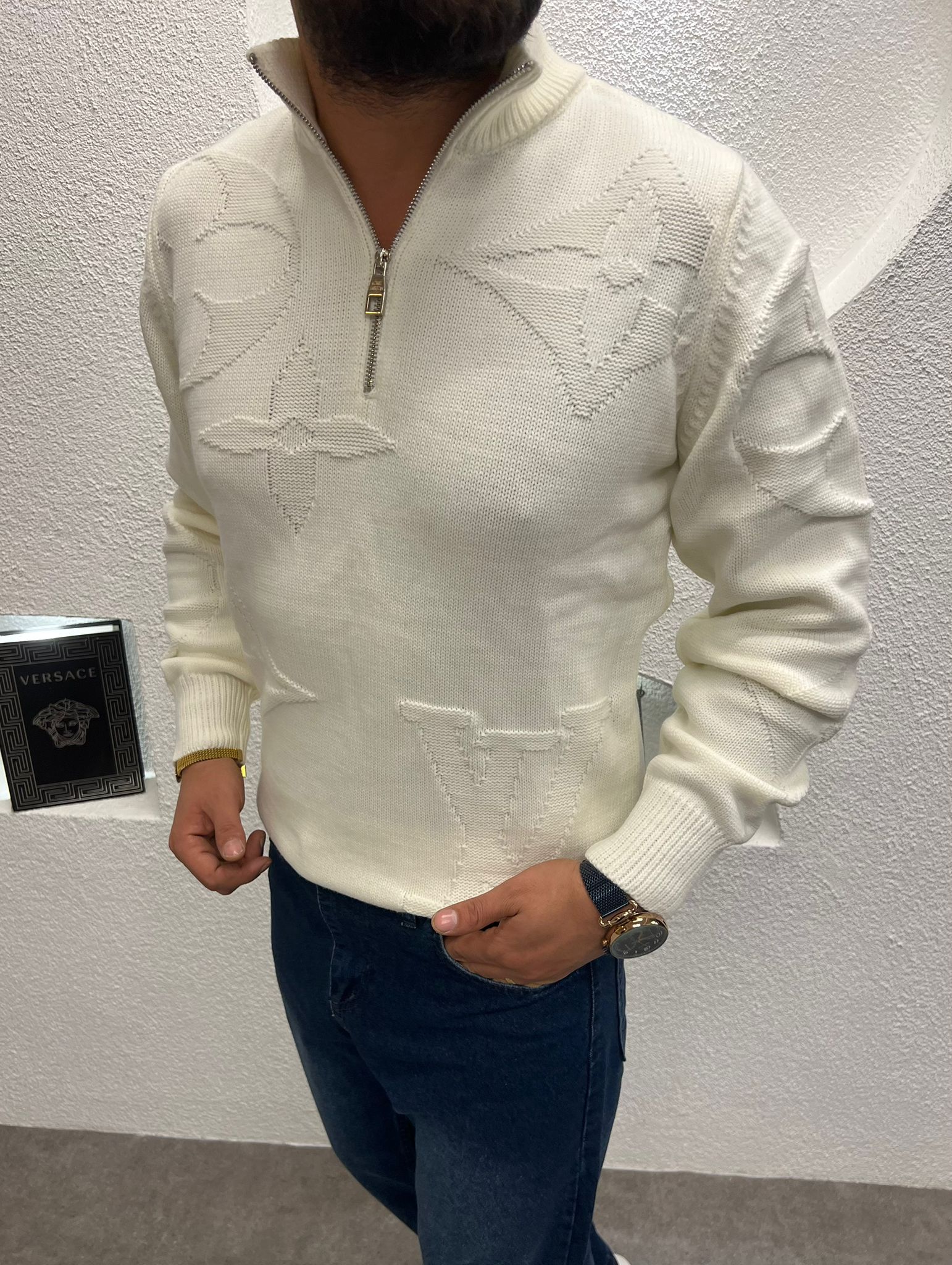 Yarım Fermuarlı Dik Yaka Desenli Kalın Kazak ( CB 2058 )