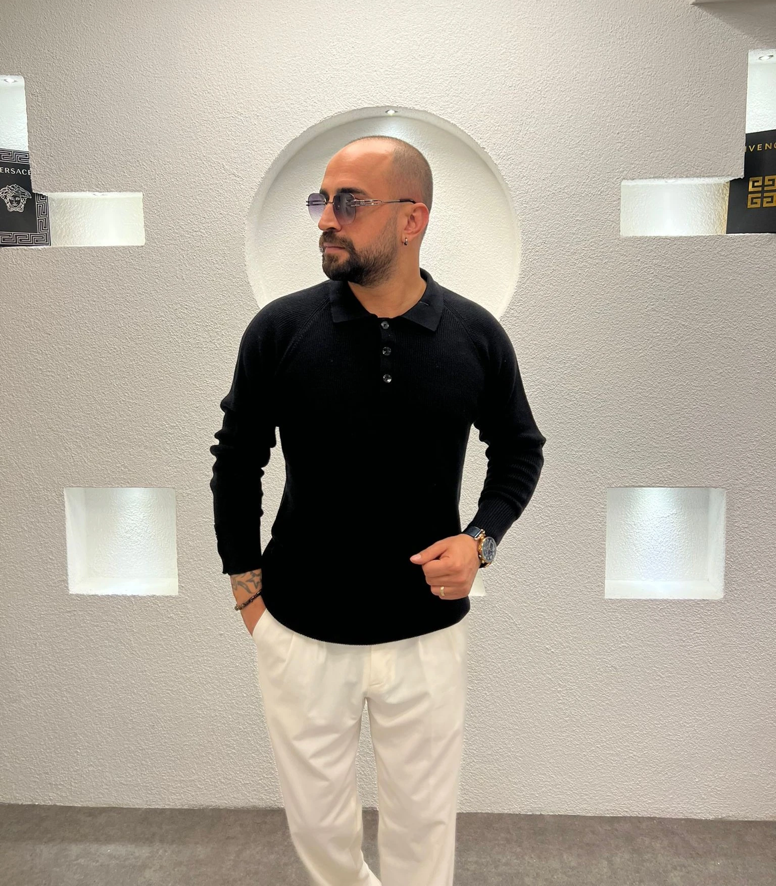 Erkek Regular Fit Düğme Detaylı Pola Yaka Triko Kazak - Siyah