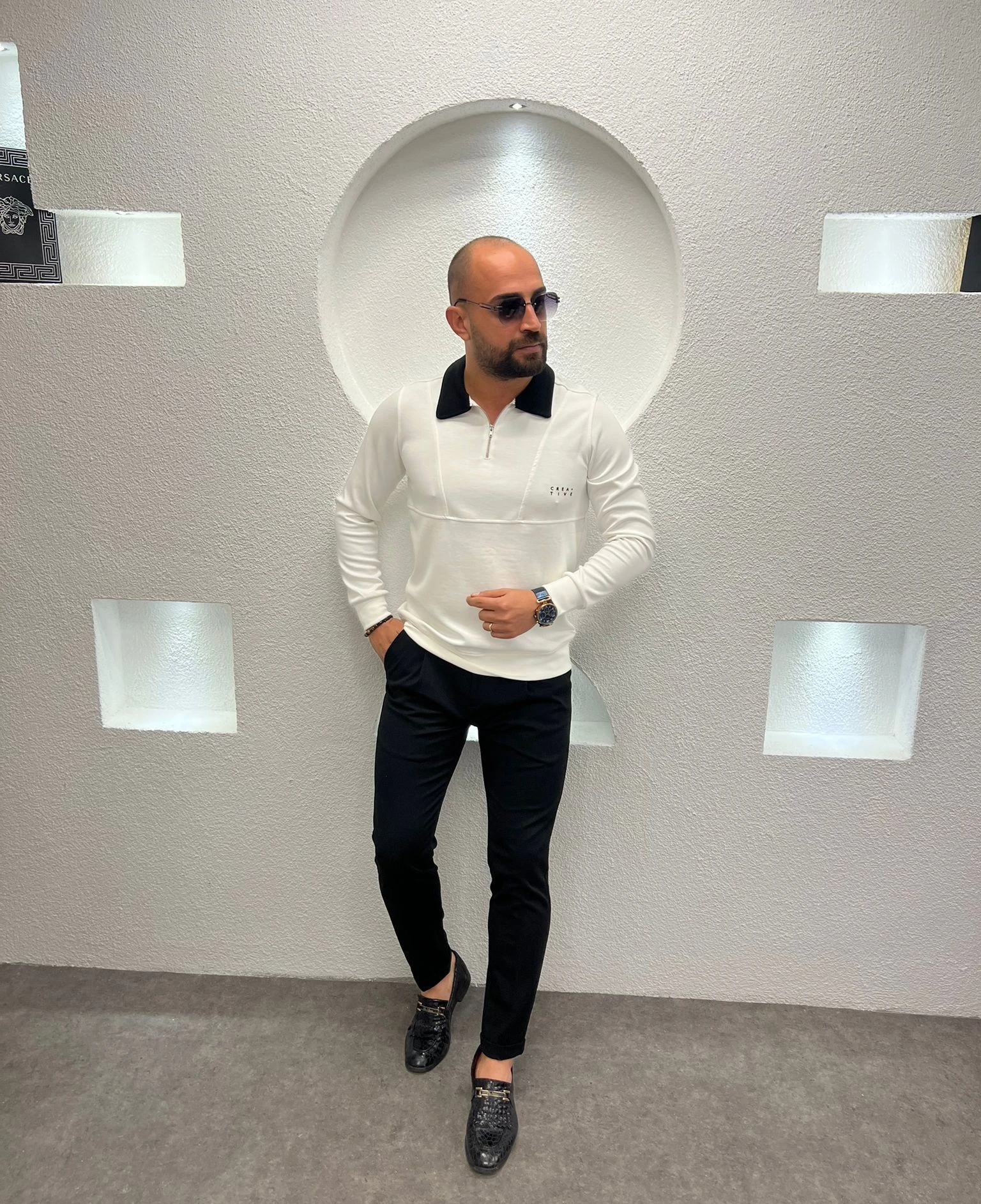 Polo Yaka Fermuarlı Pamuk Sweatshirt - Beyaz