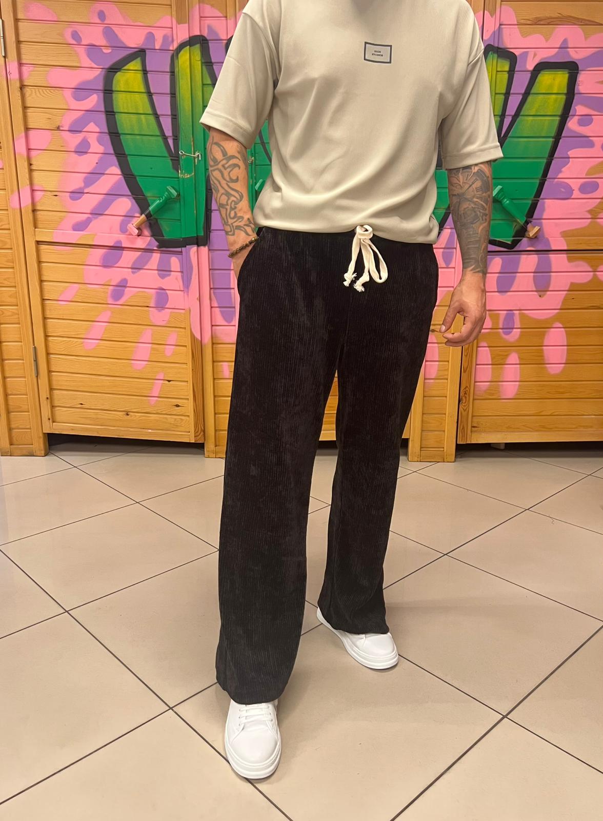 Kadife Kumaş Siyah Pantolon Baggy Kalıp 