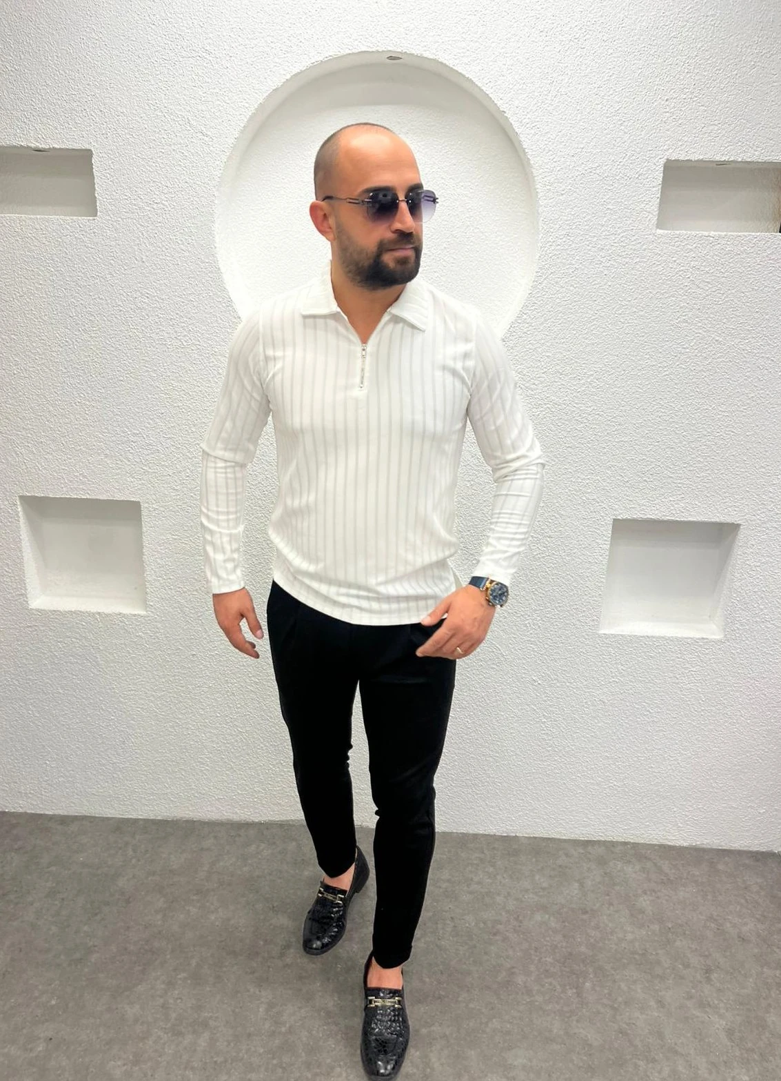 Polo Yaka Fermuarlı Erkek Sweatshirt - Beyaz