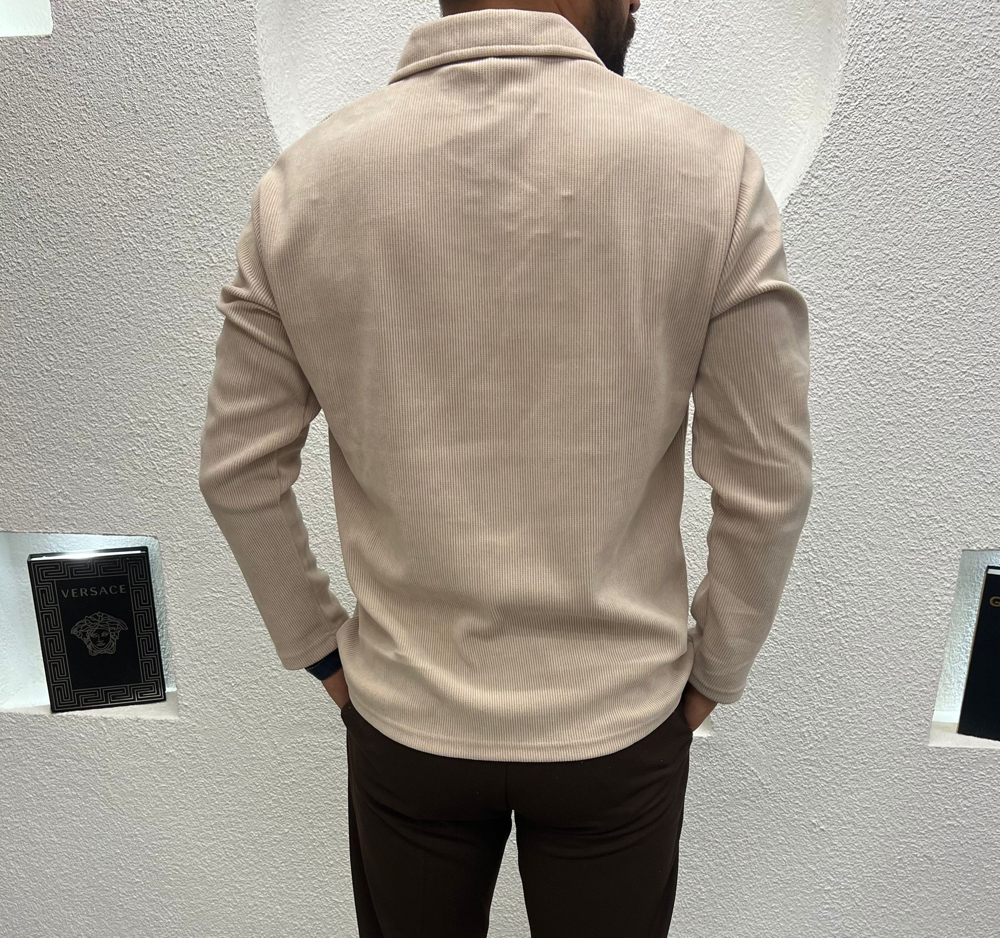 Yarım Fermuar İnce Fİtilli Kadife Kazak Krem