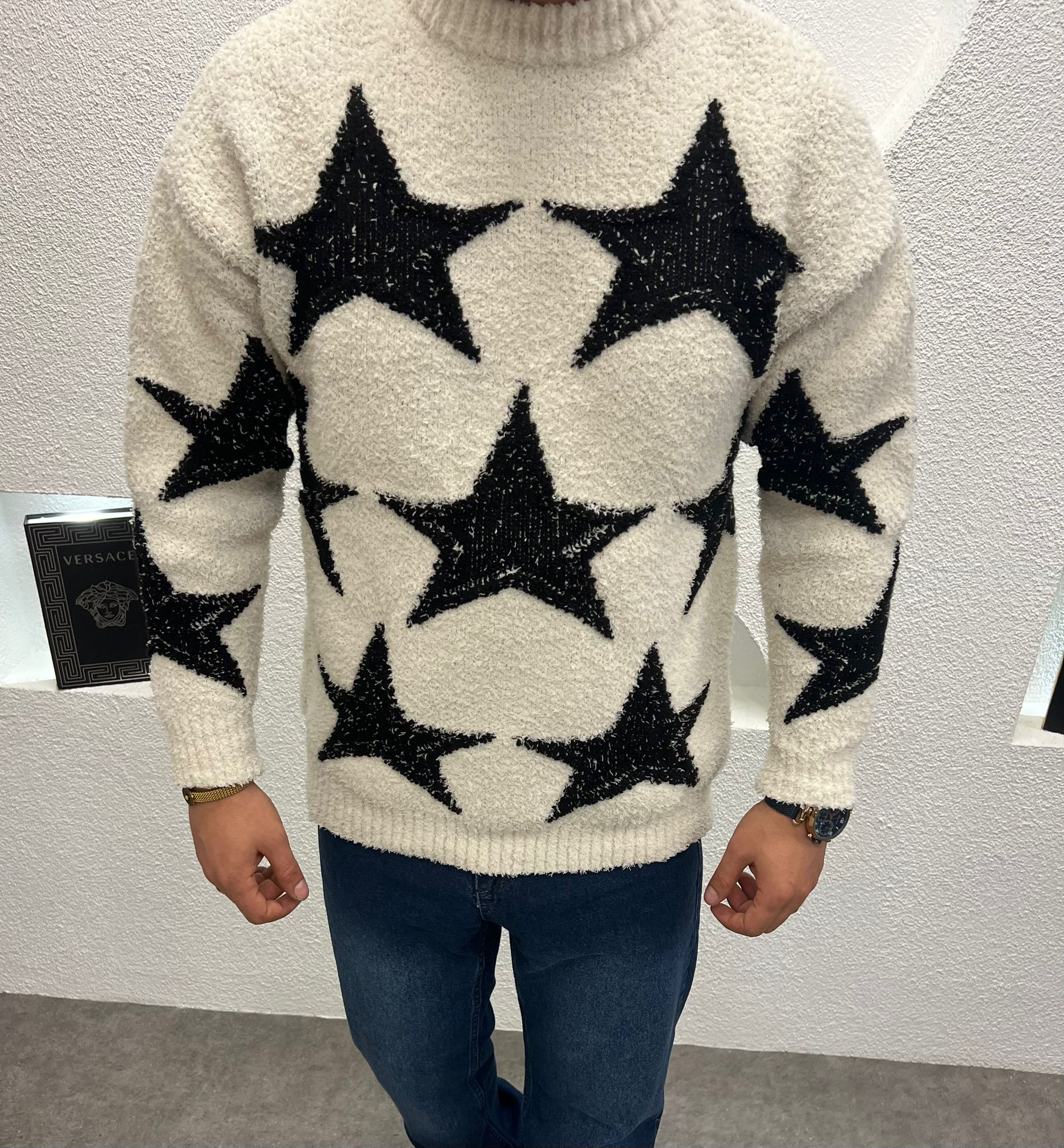 Baskılı Peluş Kumaş Kalın Erkek Kazak