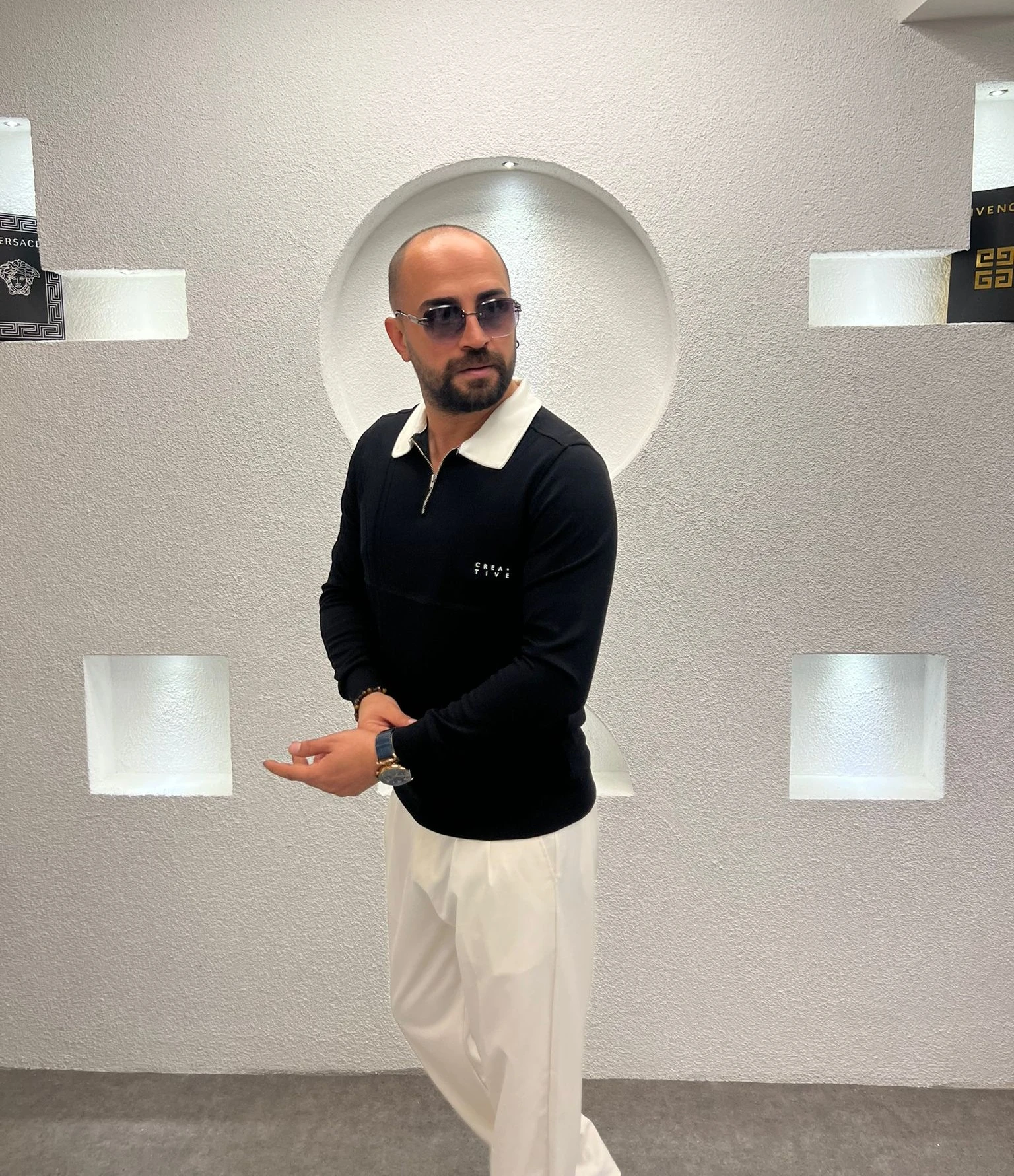 Polo Yaka Fermuarlı Pamuk Sweatshirt - Siyah