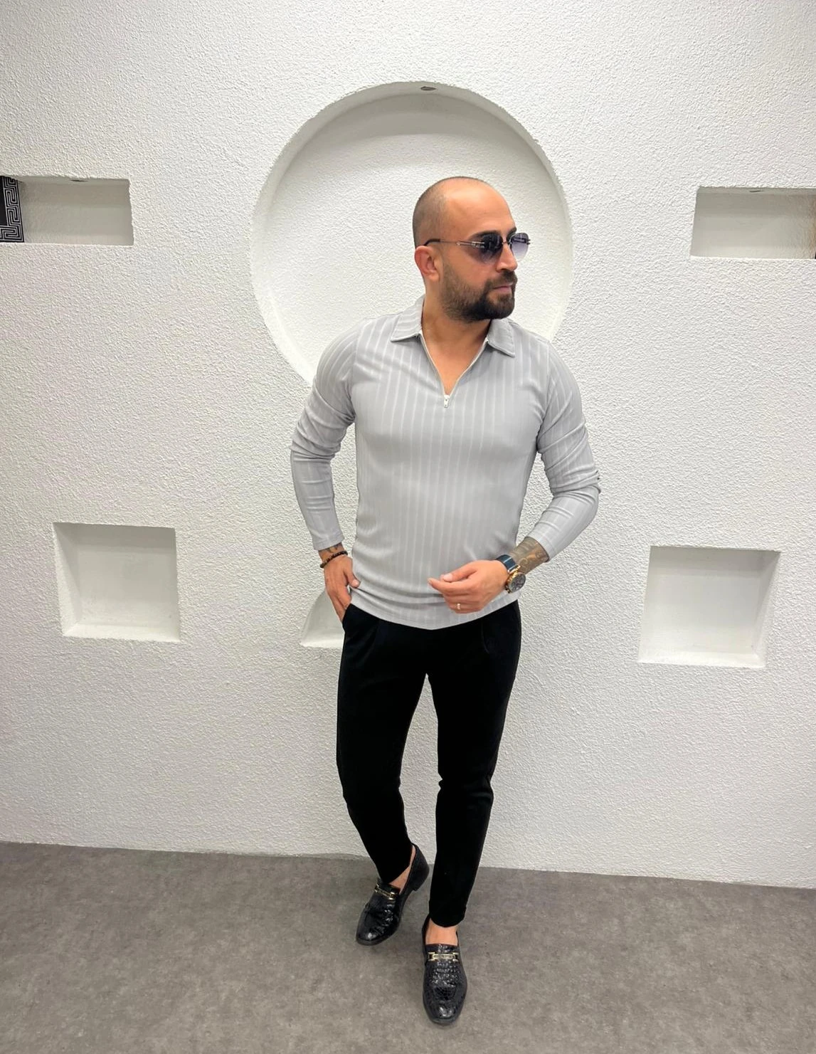 Polo Yaka Fermuarlı Erkek Sweatshirt - GRİ 