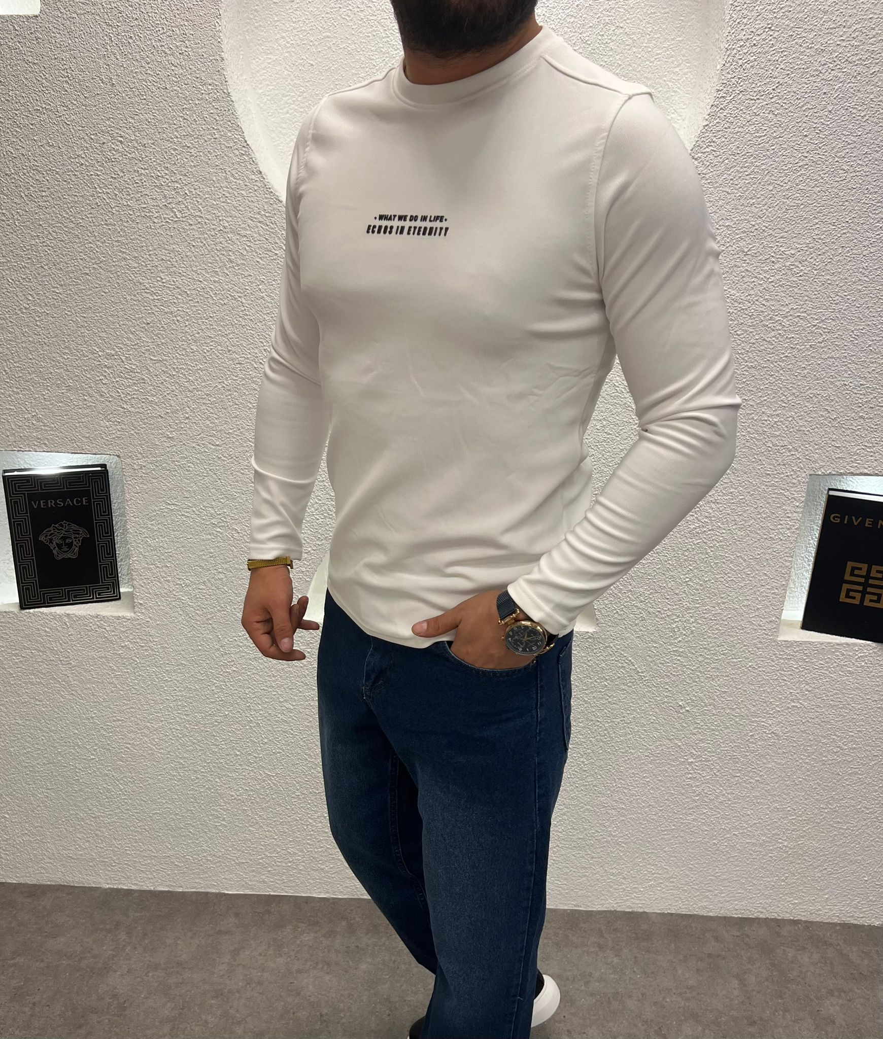 Baskılı Sıfır Yaka Slimfit Sweat Beyaz