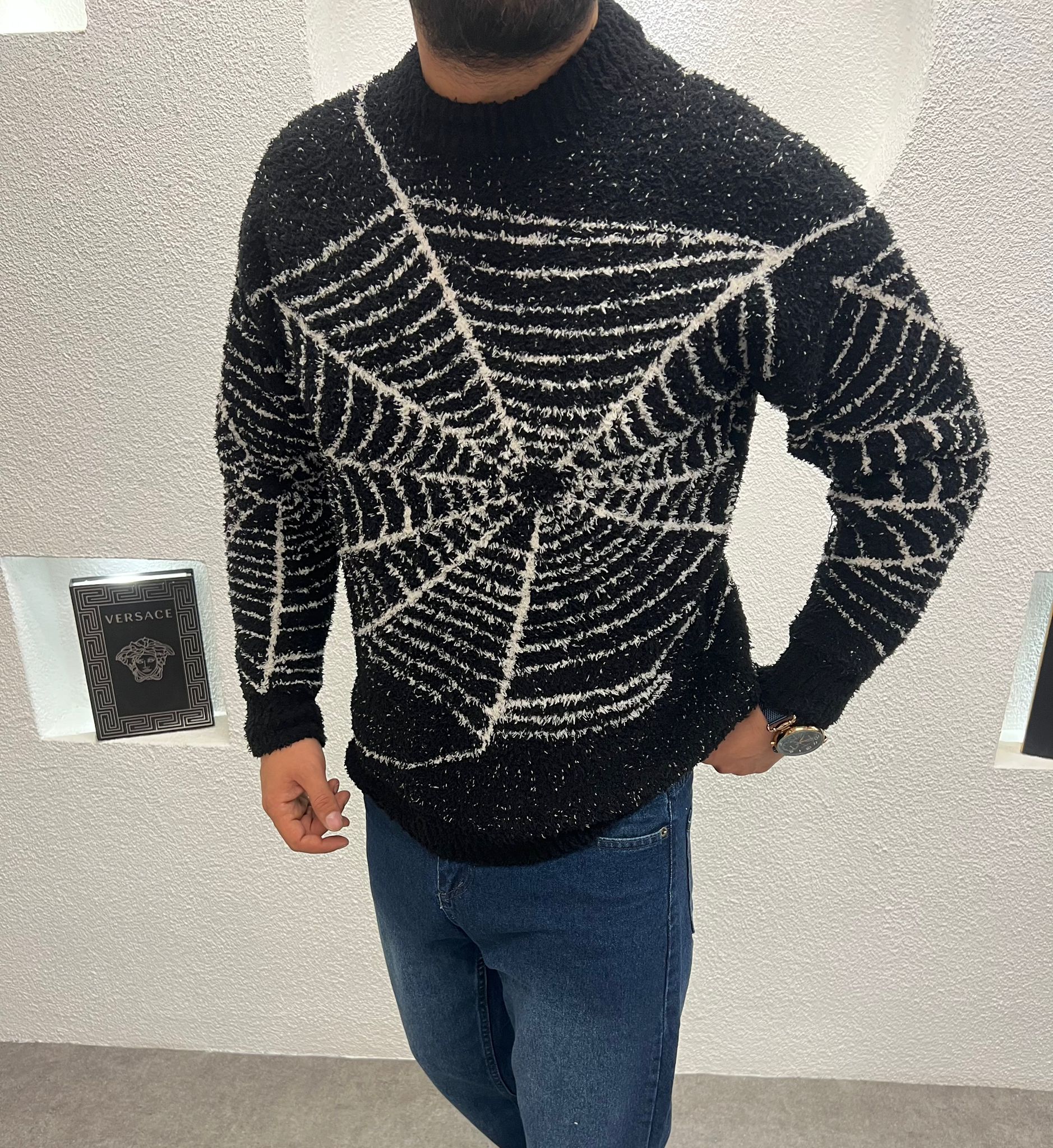 Baskılı Erkek Kalın Peluş Kazak Siyah