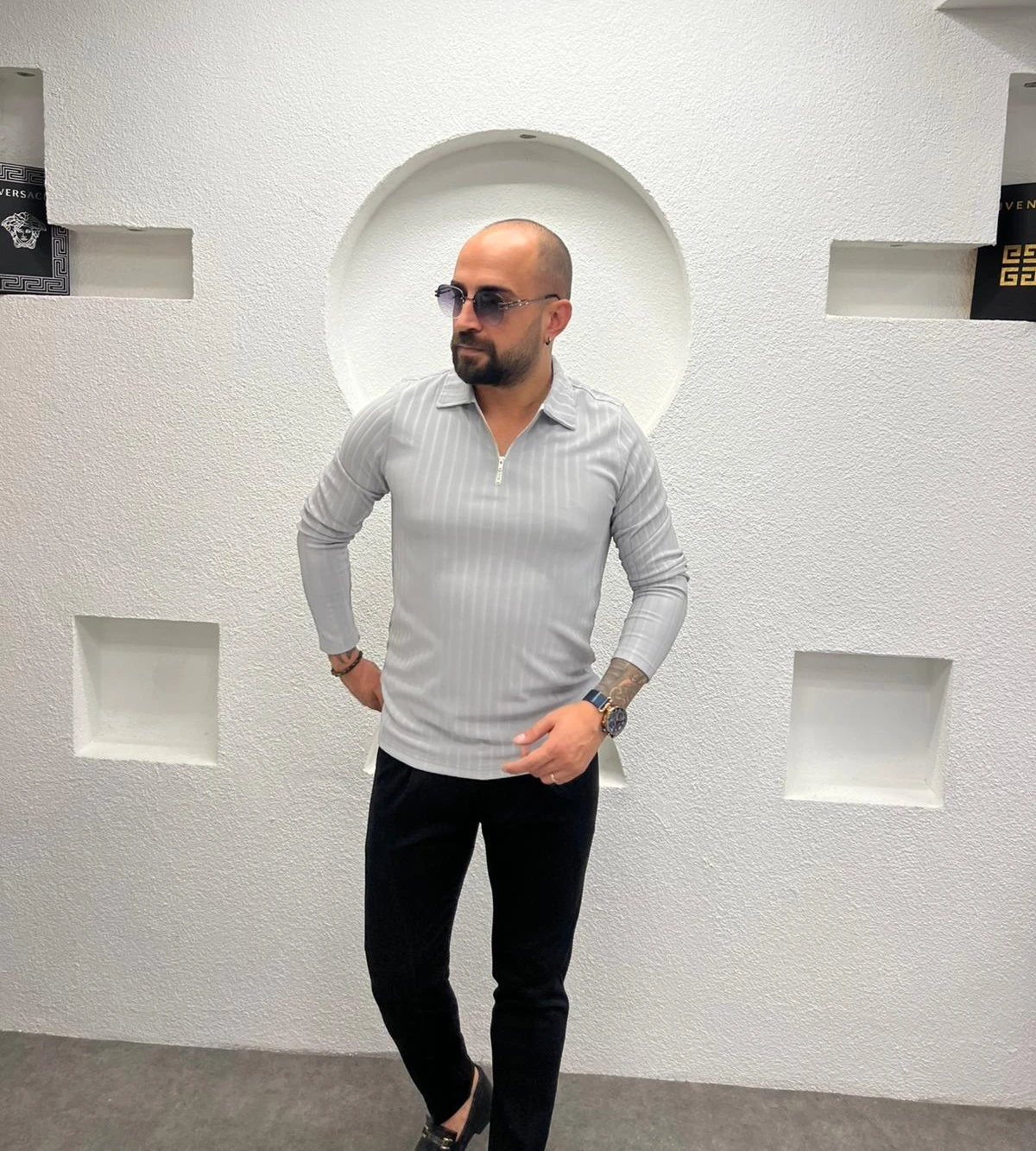 Polo Yaka Fermuarlı Erkek Sweatshirt - GRİ 