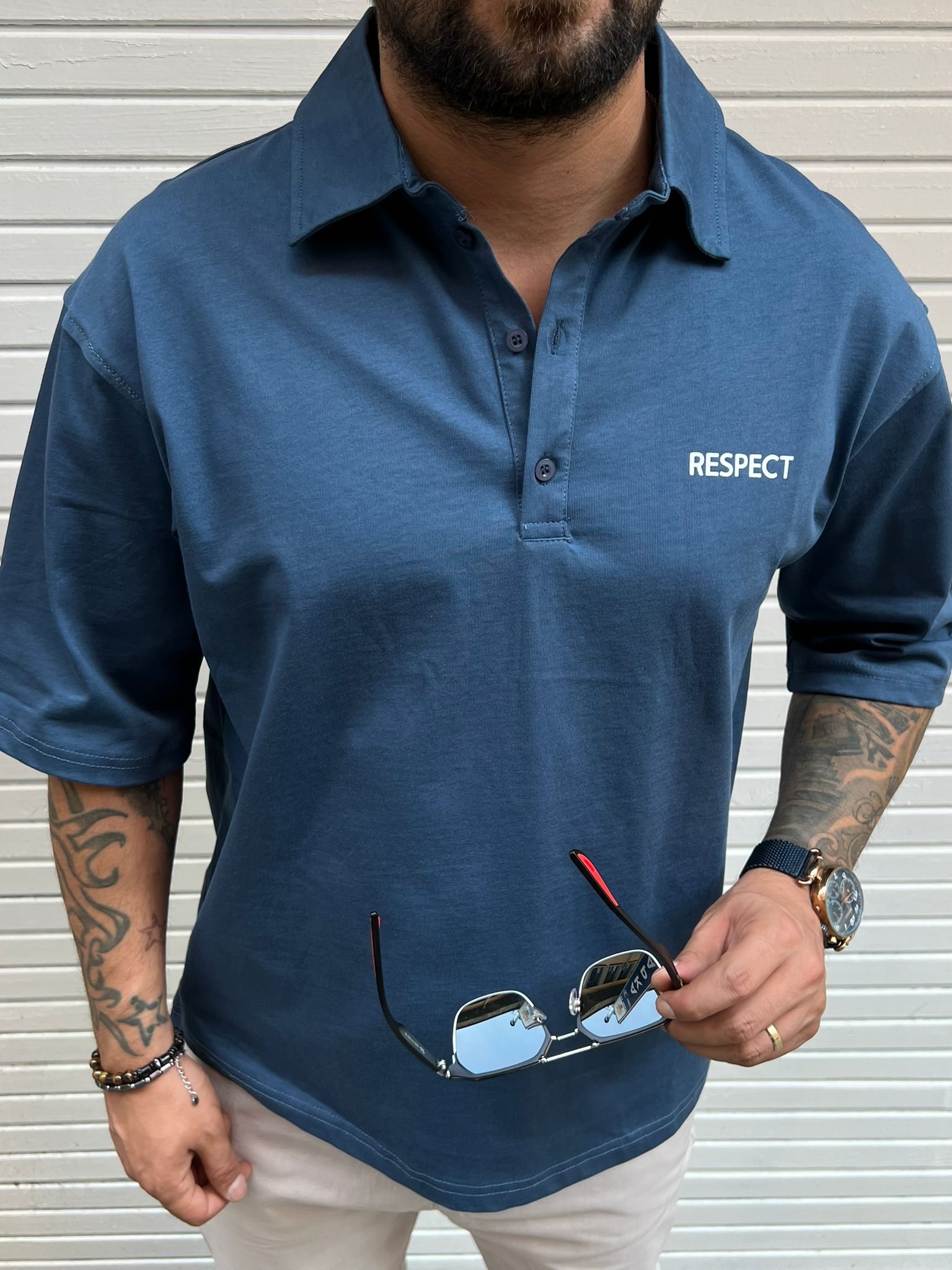 Polo Yaka Mavi Oversize T-shirt 