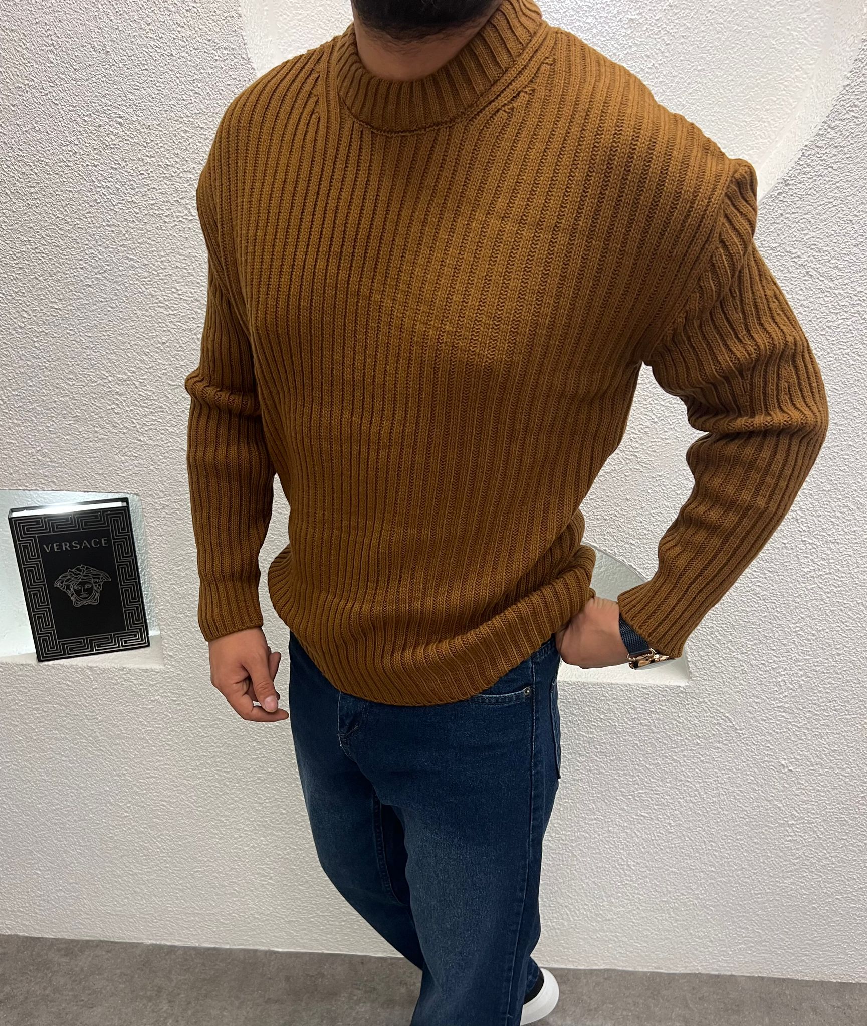 Bisiklet Yaka Kalın Triko Kazak Taba