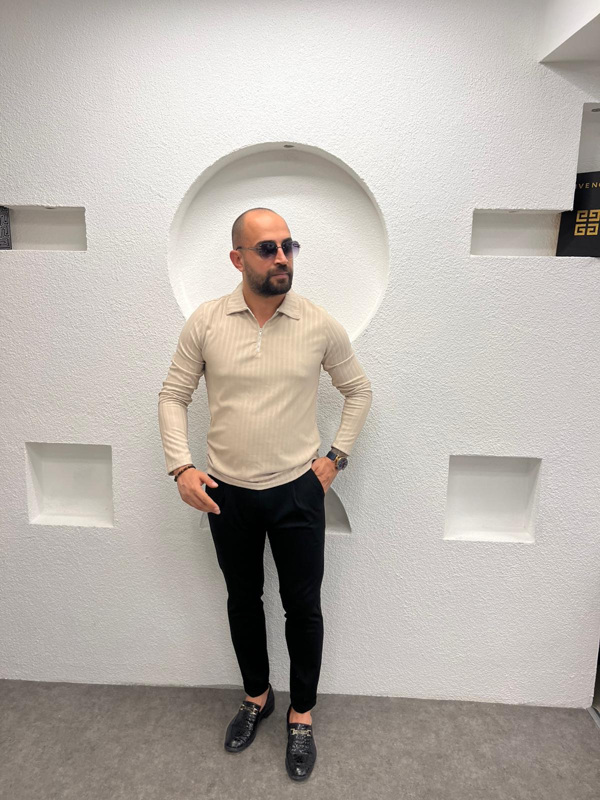 Polo Yaka Fermuarlı Erkek Sweatshirt - Krem