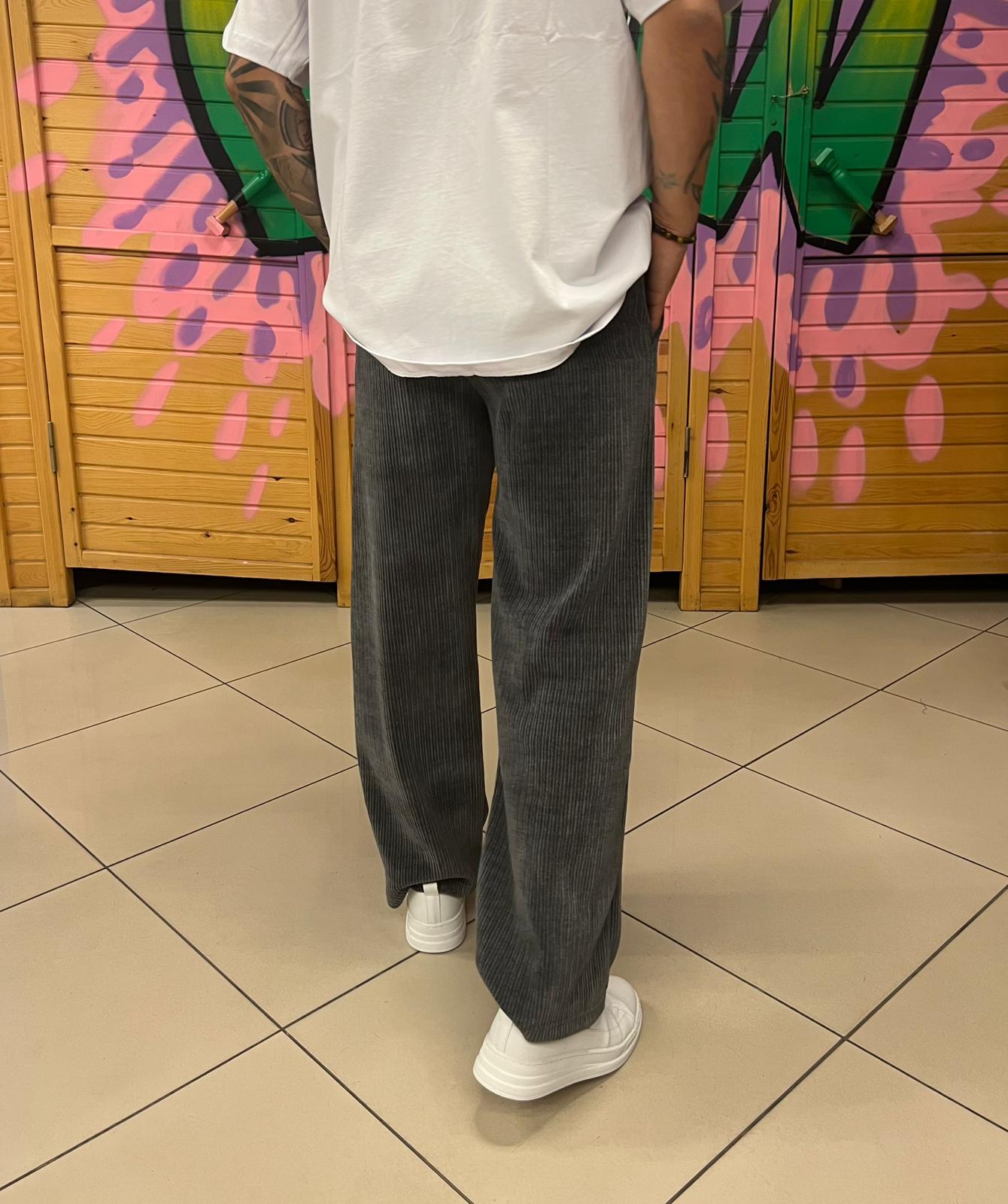 Kadife Kumaş Gri Pantolon Baggy Kalıp