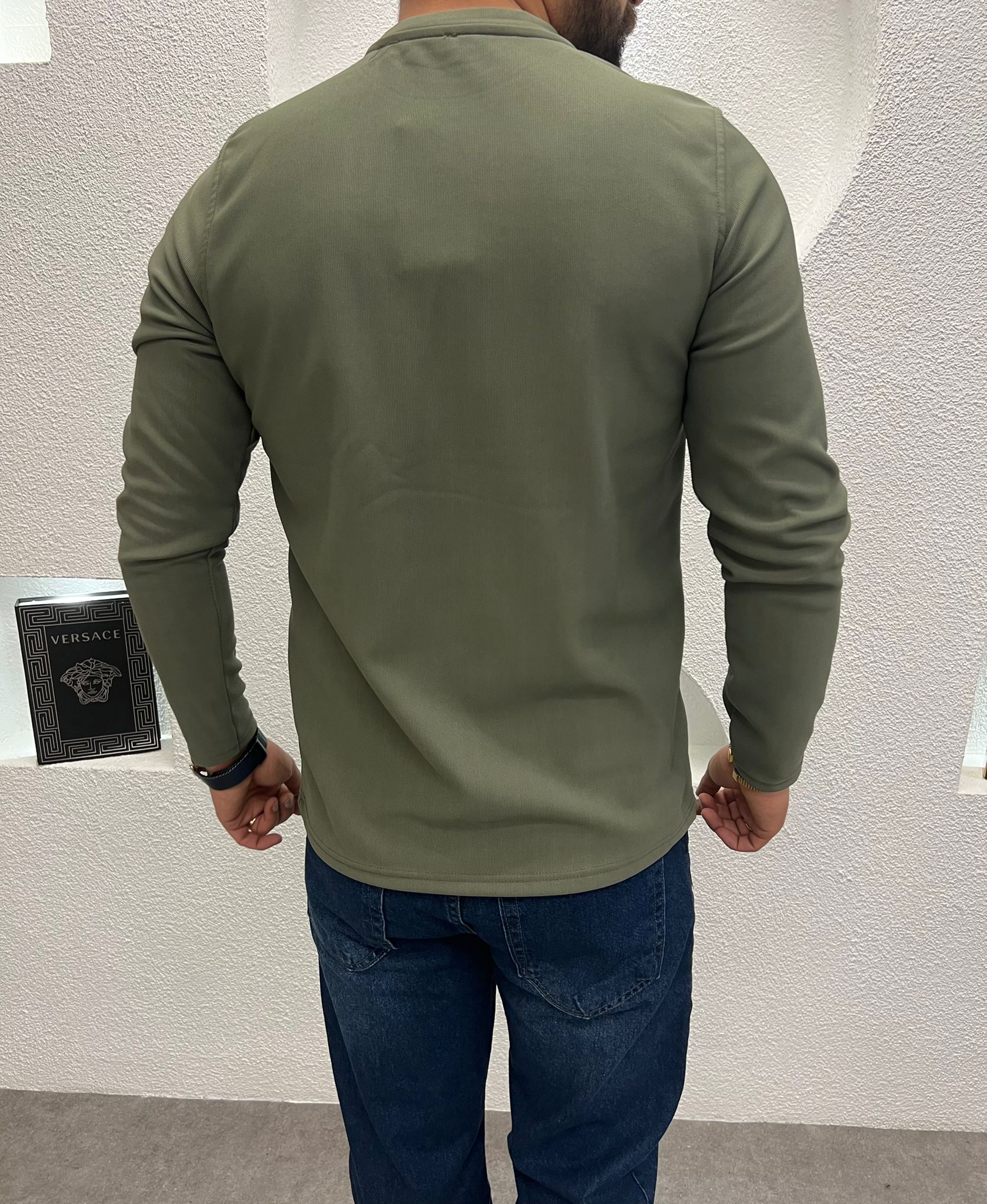 Baskılı Sıfır Yaka Slimfit Sweat Haki 