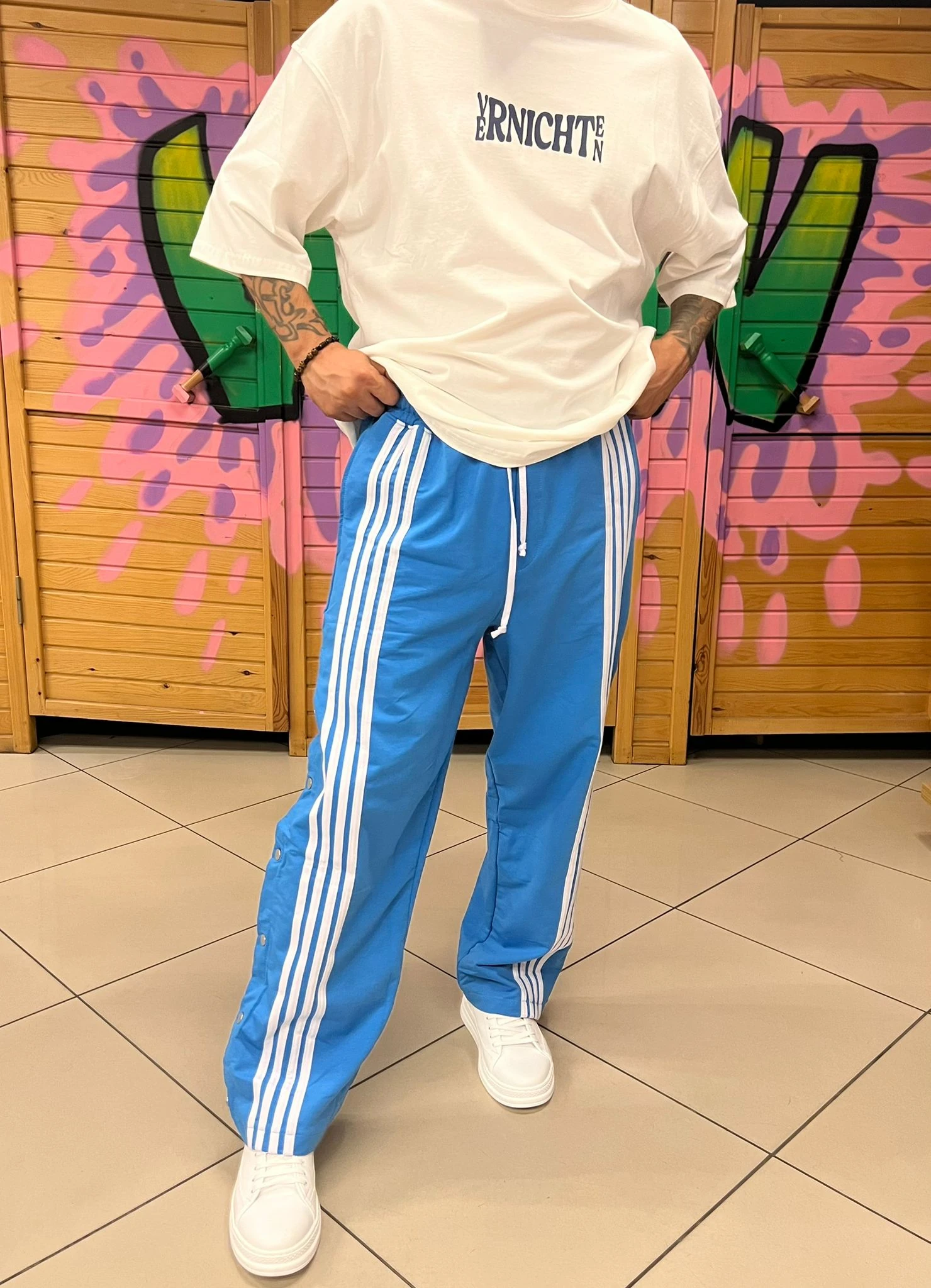 Şeritli Baggy Kalıp Mavi Eşofman Altı