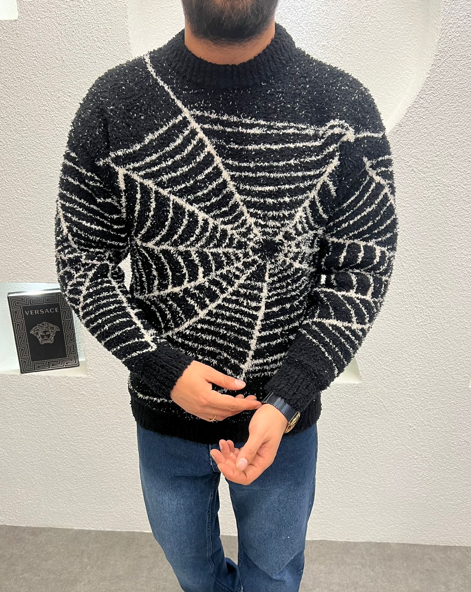 Baskılı Erkek Kalın Peluş Kazak Siyah