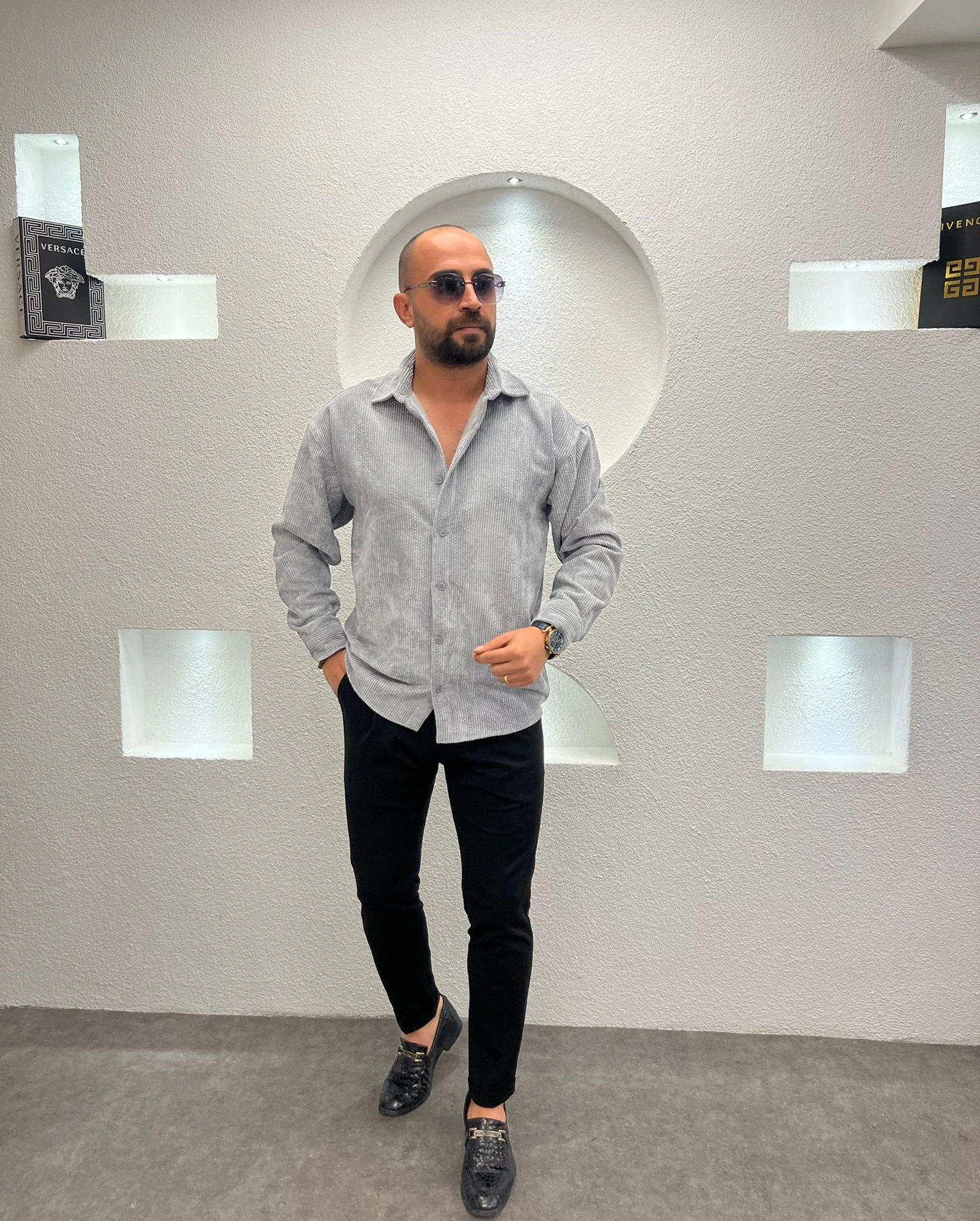 Erkek Oversize Gri Kadife Dokulu Uzun Kollu Gömlek