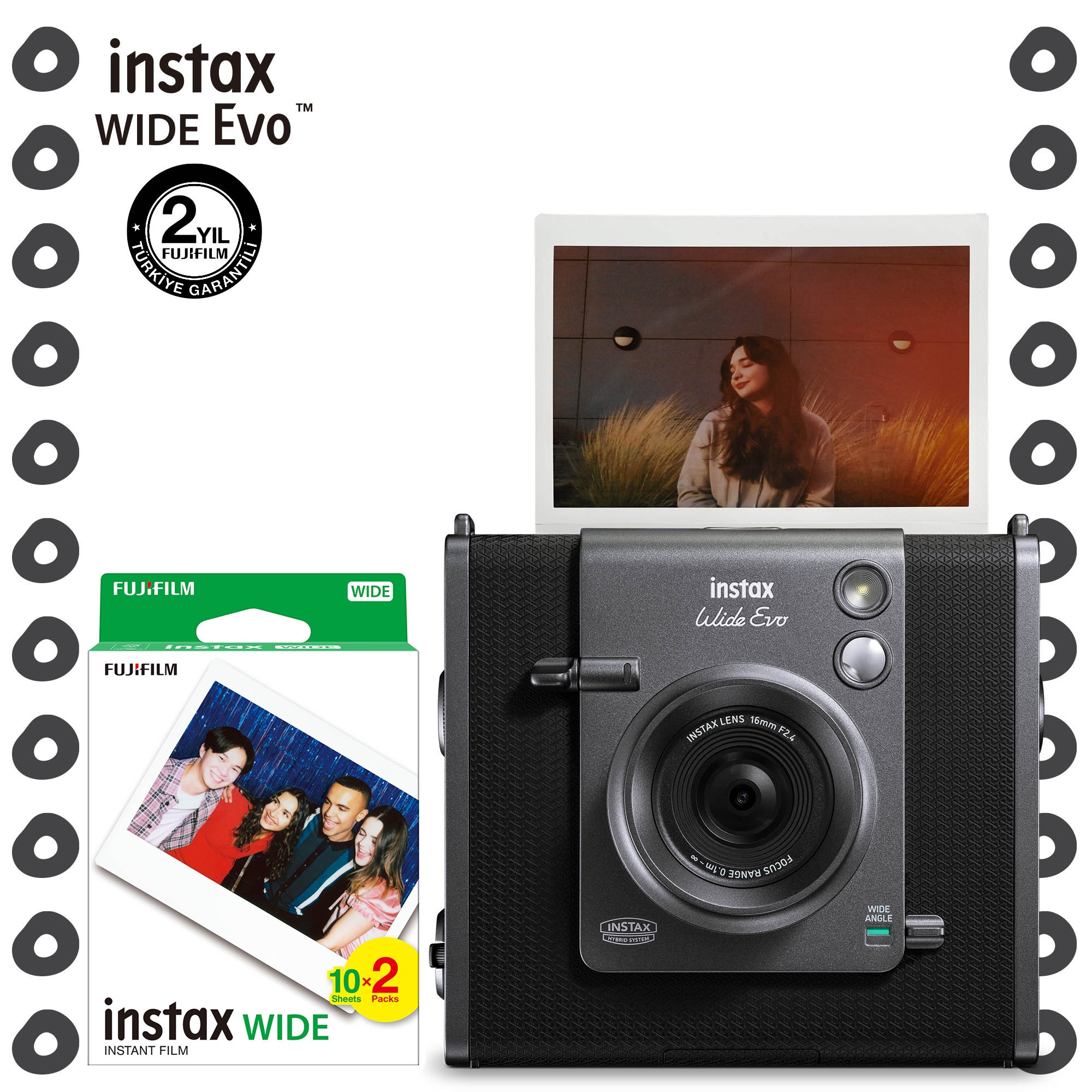 Instax Wide Evo Siyah Fotoğraf Makinesi ve 20'li Film