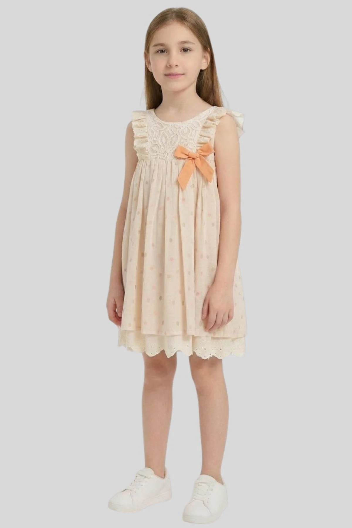 Puantiye Baskılı Fisto Detay Astarlı Sırttan Düğme Kapamalı Kız Çocuk Elbise