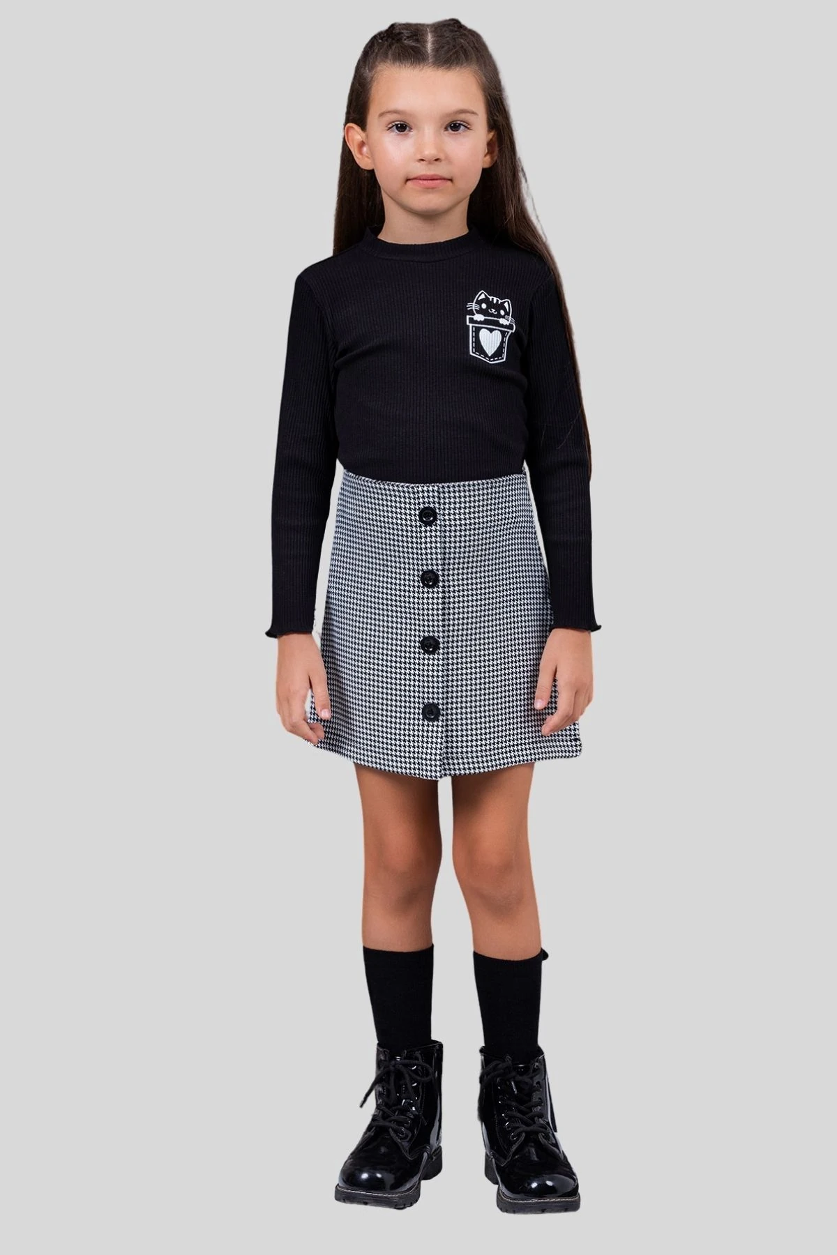 Kaz Ayağı Desenli Önden Düğmeli Etek  Kedi Baskılı Badili Kız Çocuk Takım