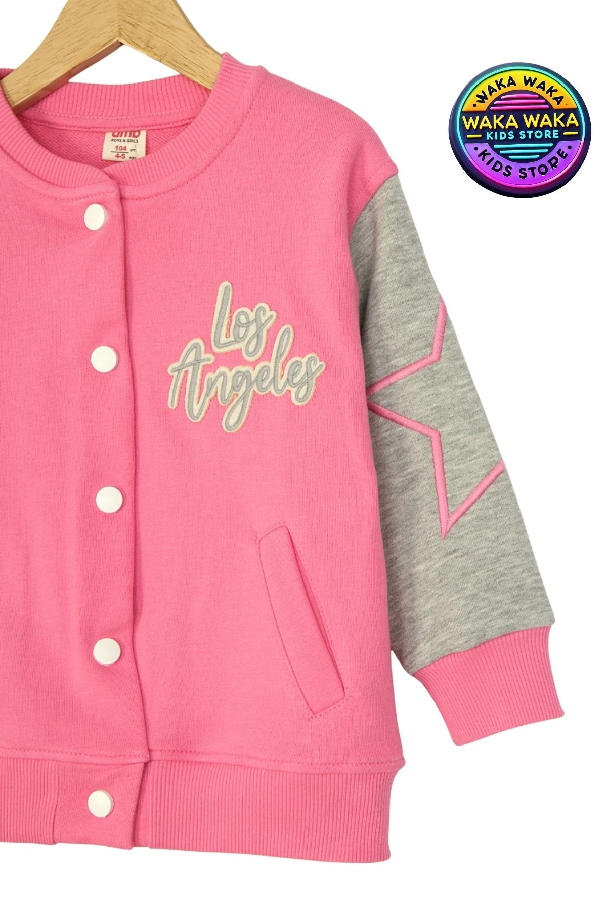 Los Angeles Nakışlı Pembe-Gri Kız Çocuk Sweatshirt – Yıldız Kollu Kolej Tarzı
