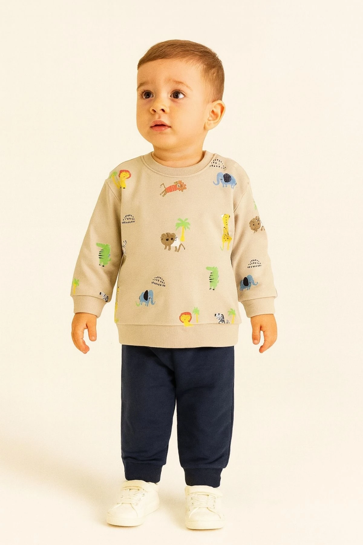 Hayvan Baskılı Bisiklet Yaka Çıtçıt Kapamalı Paçaları Lastikli Erkek Bebek Eşofman Takım