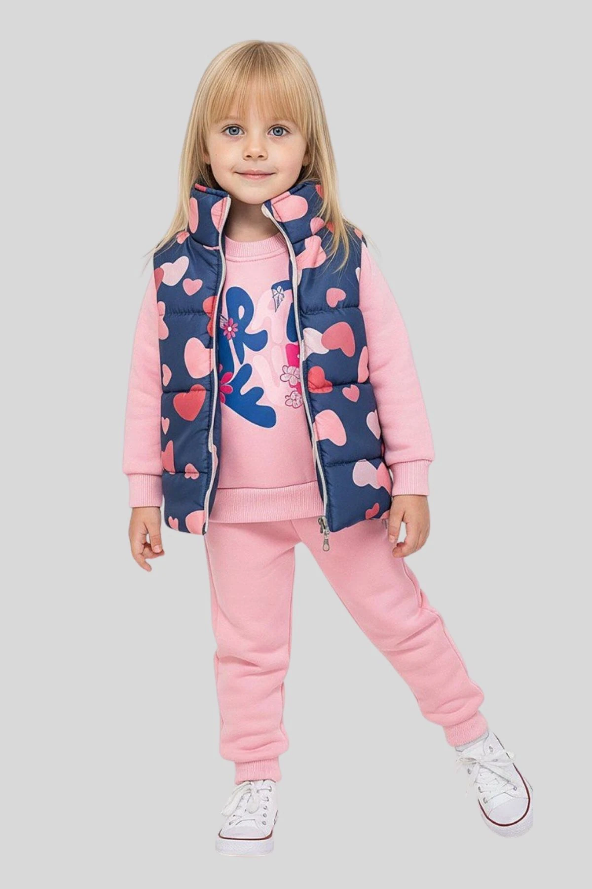 Kız Çocuk Lacivert Kalp Desenli Şişme Yelekli 3'lü Eşofman Takımı