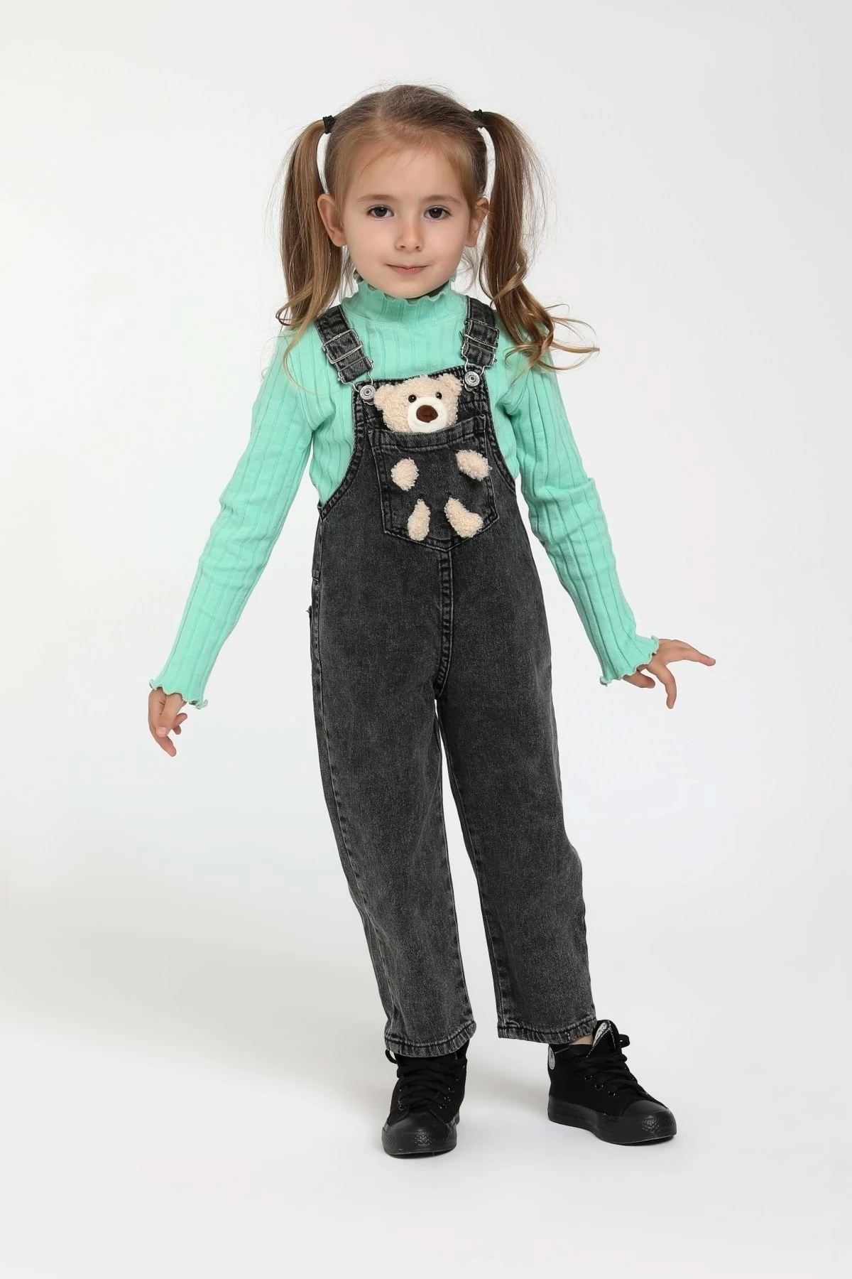 Göğüs Cepli Ayıcıklı Ayarlanabilir Askılı Kız Bebek Kot Tulum- 18-24 Ay