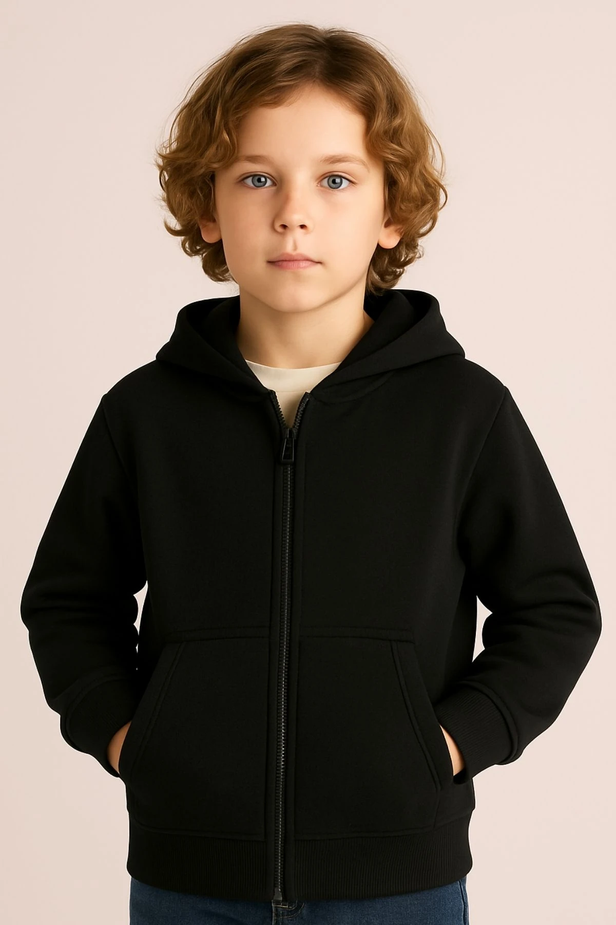 Erkek Çocuk Siyah Kapüşonlu Fermuarlı Sweatshirt