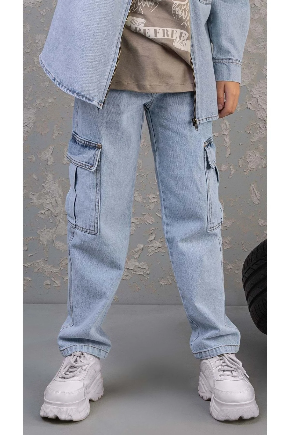 Ayarlanabilir Belli Kargo Cepli Erkek Çocuk Kot Pantolon