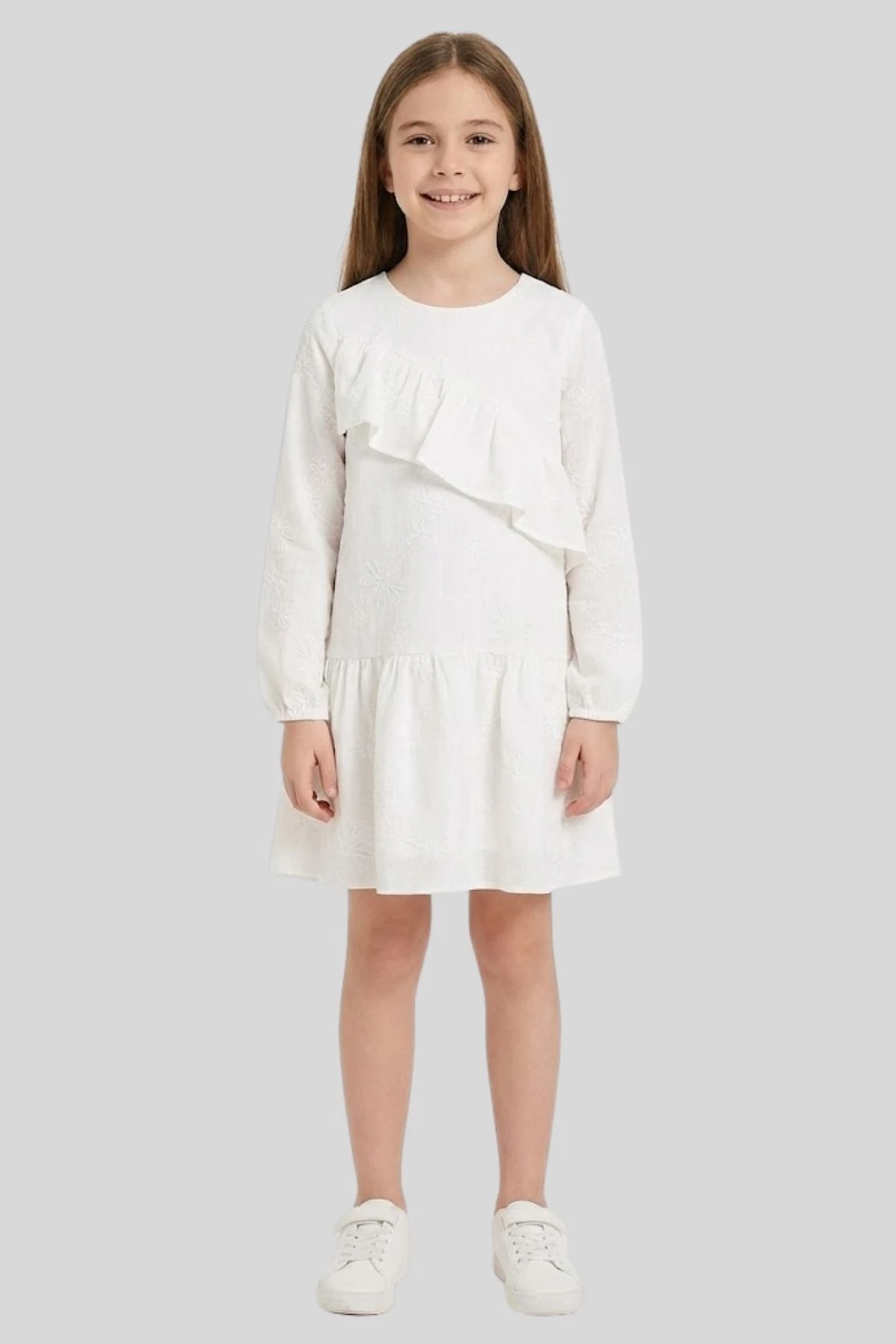 Pamuk Kumaş Üzeri Sargı Nakış İşlemeli Kız Çocuk Elbise