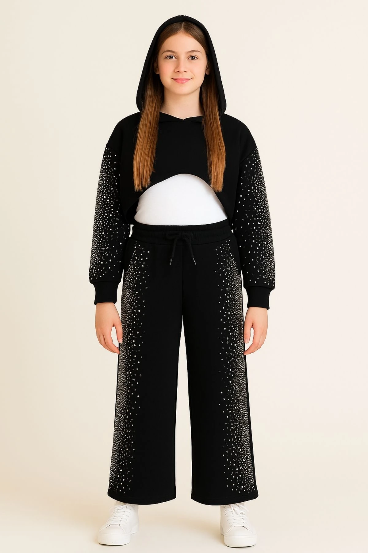 Kız Çocuk Siyah Taş İşlemeli FULL LOVE Yazılı Kapüşonlu İkili Eşofman Takımı