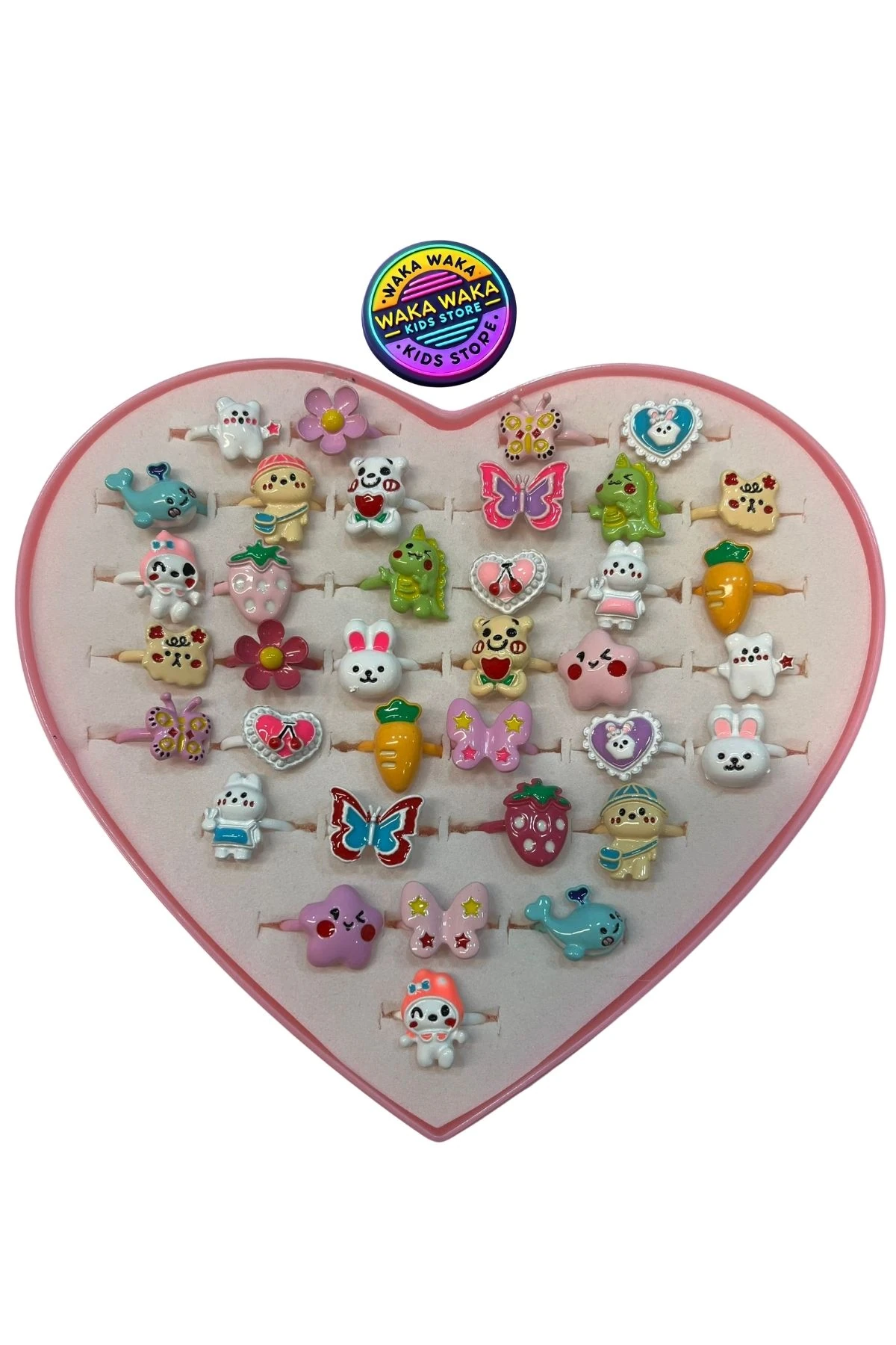 Kalp Kutulu Çocuk Yüzük Seti – 36 Adet Renkli Figürlü Sevimli Yüzük