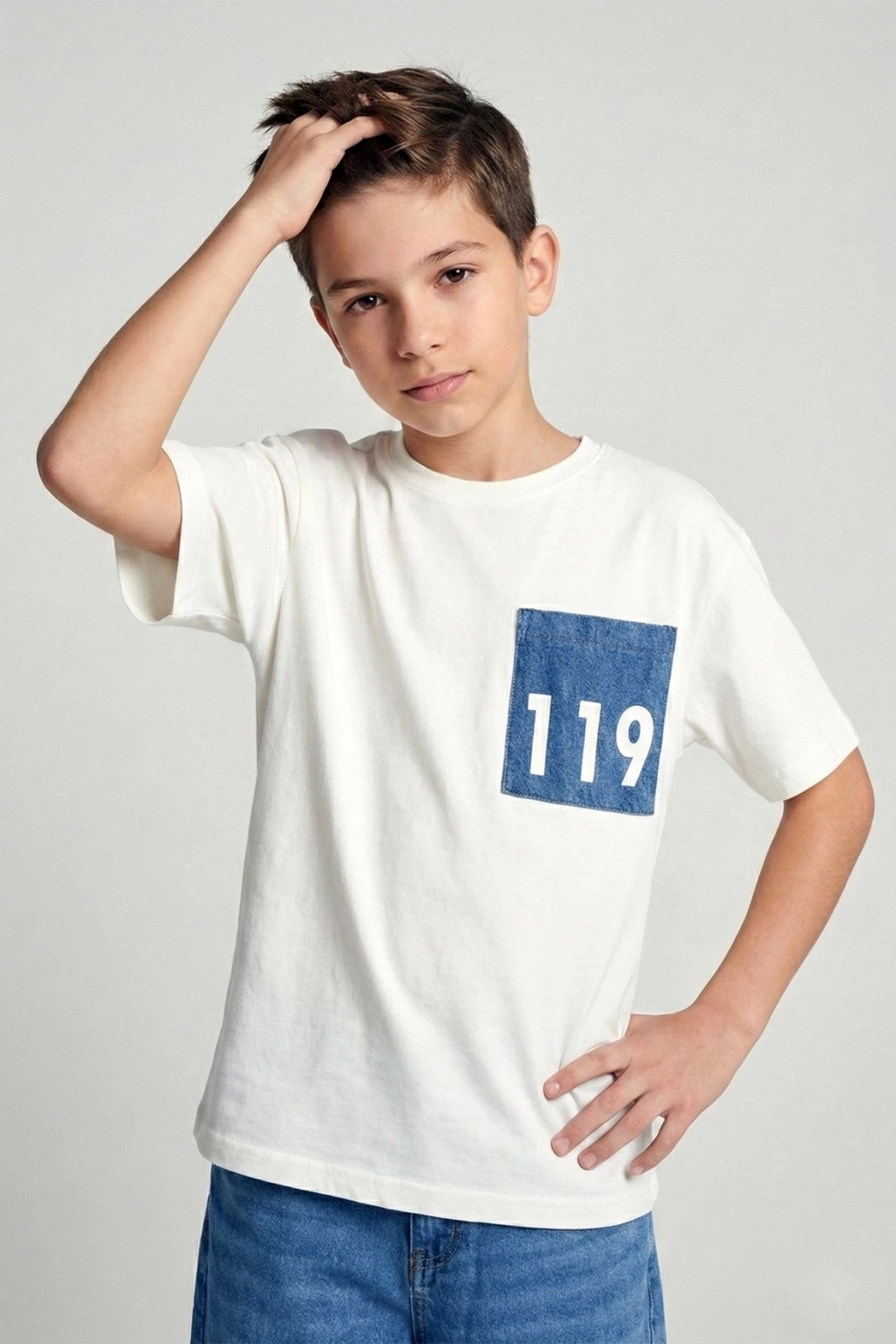 119 Baskılı Denim Cepli Oversize Erkek Çocuk Tişört - Beyaz