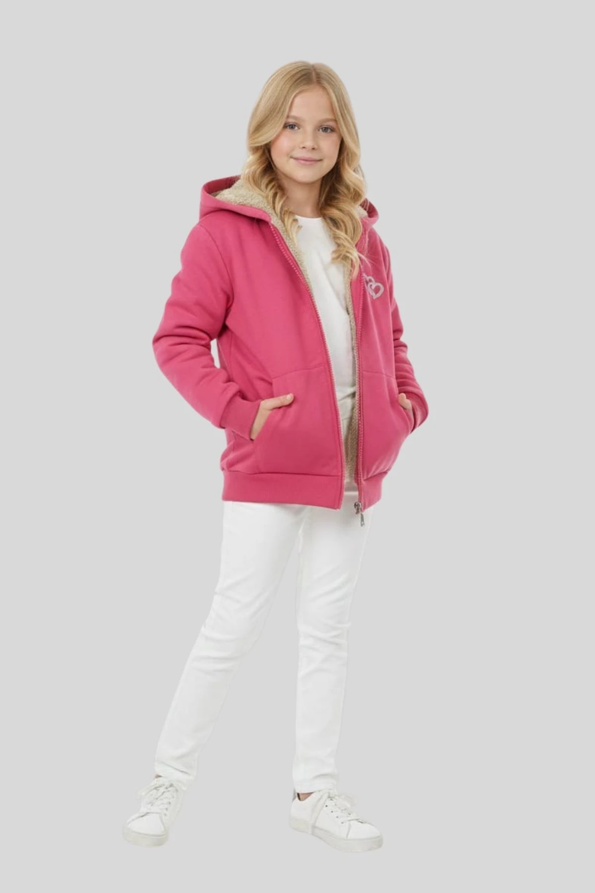 Kız Çocuk Lila İçi Tam Peluş Astarlı Kapüşonlu Hırka - Sıcacık Kışlık Sweatshirt